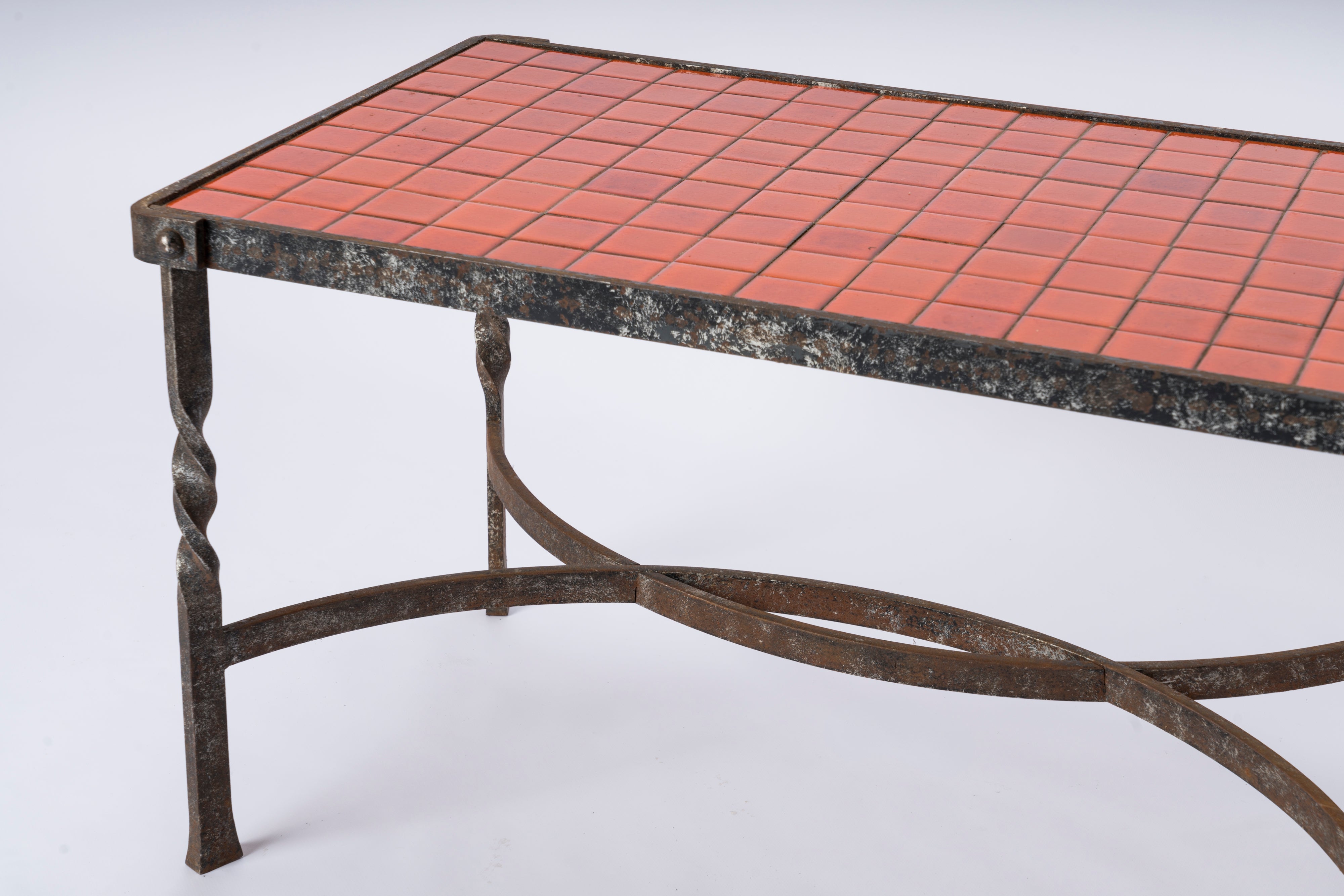 "Corail" Red Ceramic Tiles & Ferronerie d'Art Wrought Iron Coffee Table - 1970s