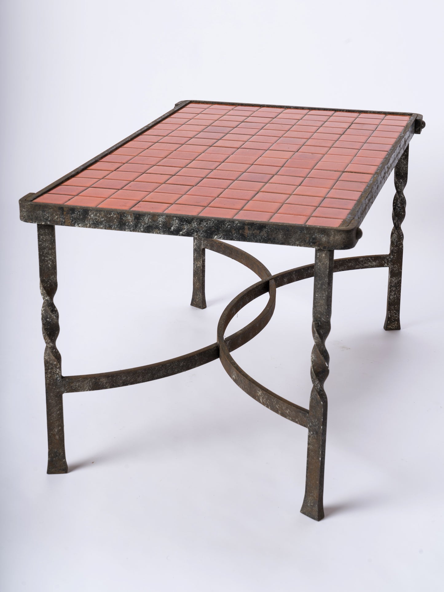 "Corail" Red Ceramic Tiles & Ferronerie d'Art Wrought Iron Coffee Table - 1970s