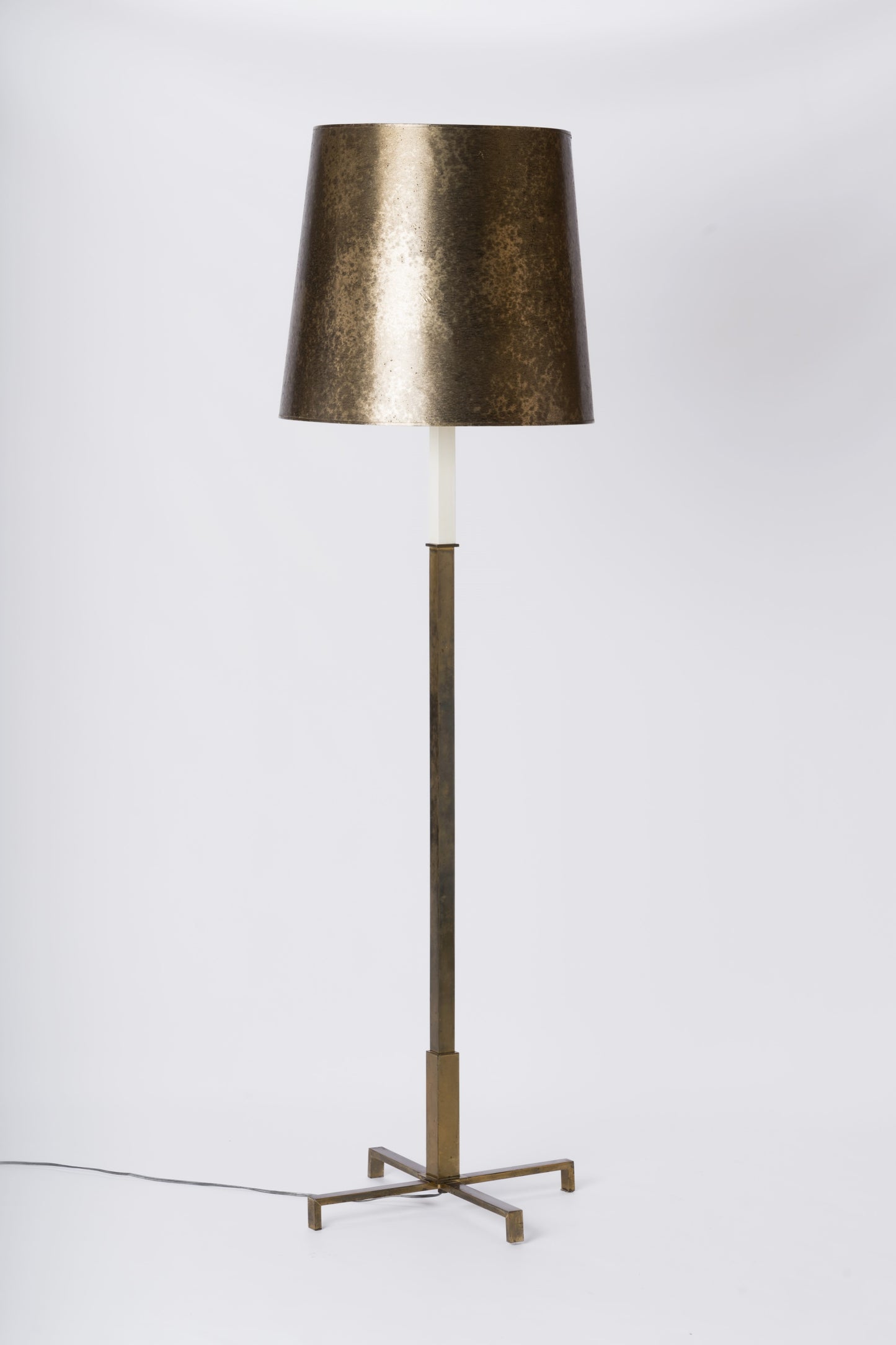 Minimalist Patinated Brass, White Lacquer & Opaline Floor Lamp - Germany 1970's