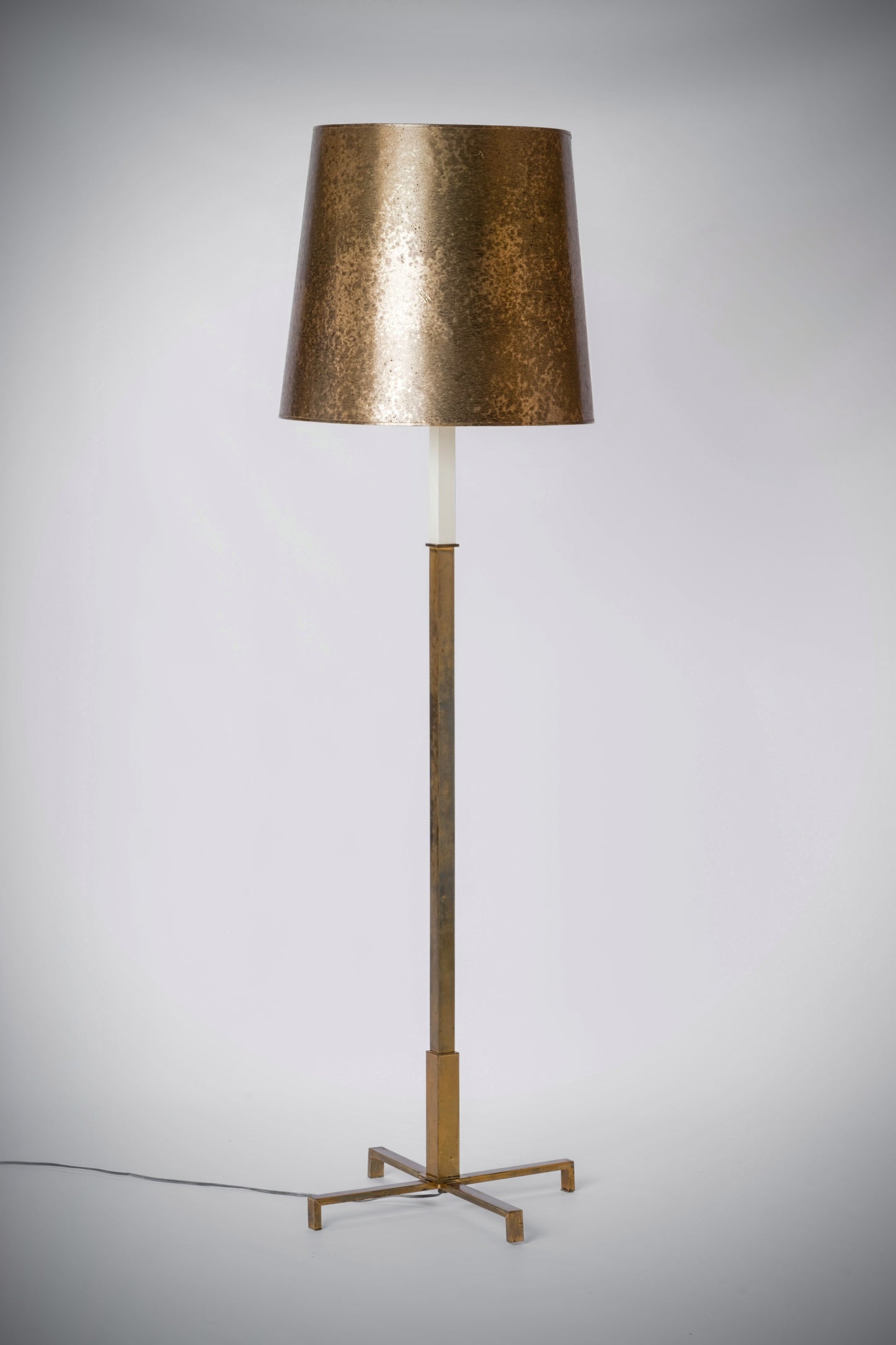 Minimalist Patinated Brass, White Lacquer & Opaline Floor Lamp - Germany 1970's