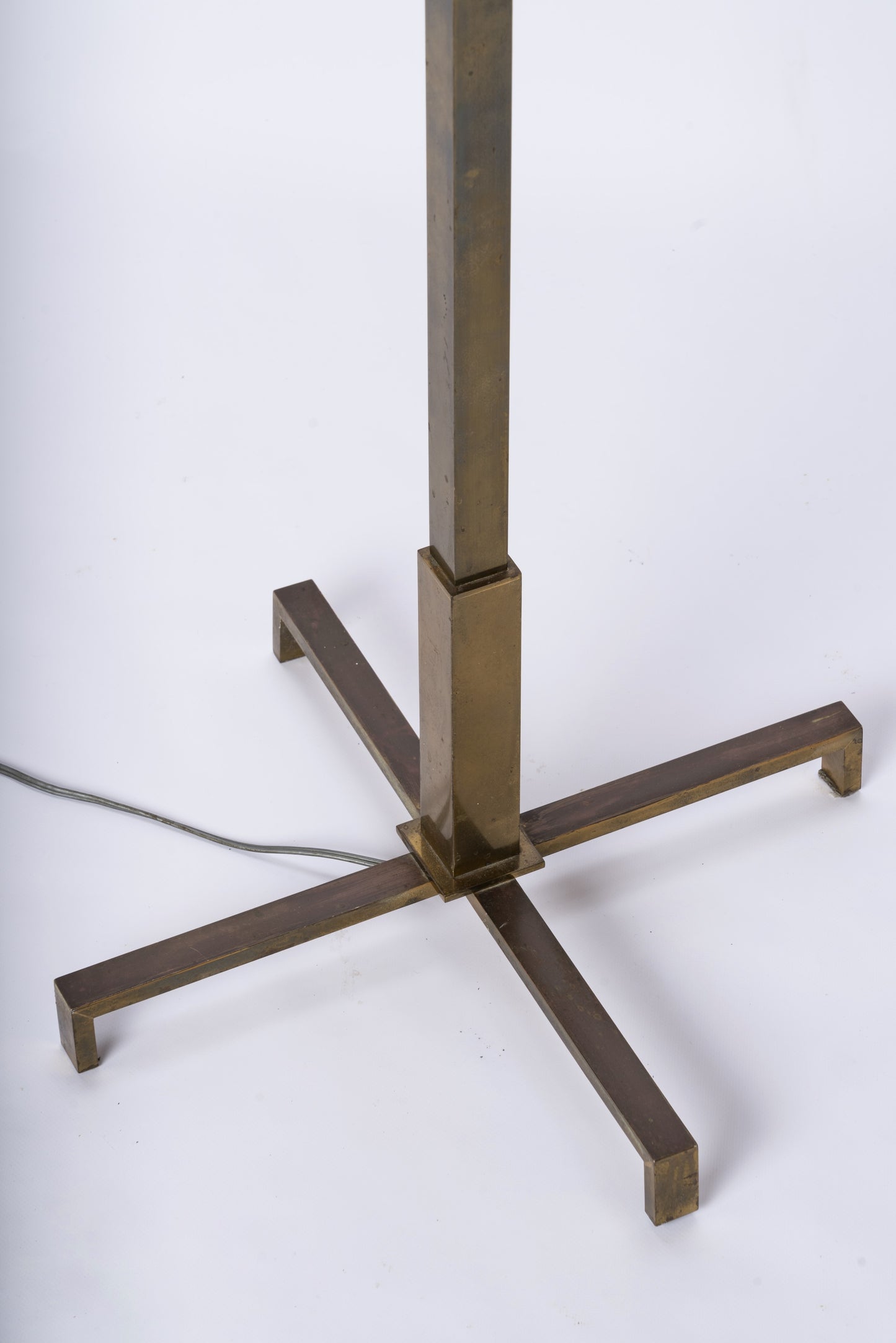 Minimalist Patinated Brass, White Lacquer & Opaline Floor Lamp - Germany 1970's