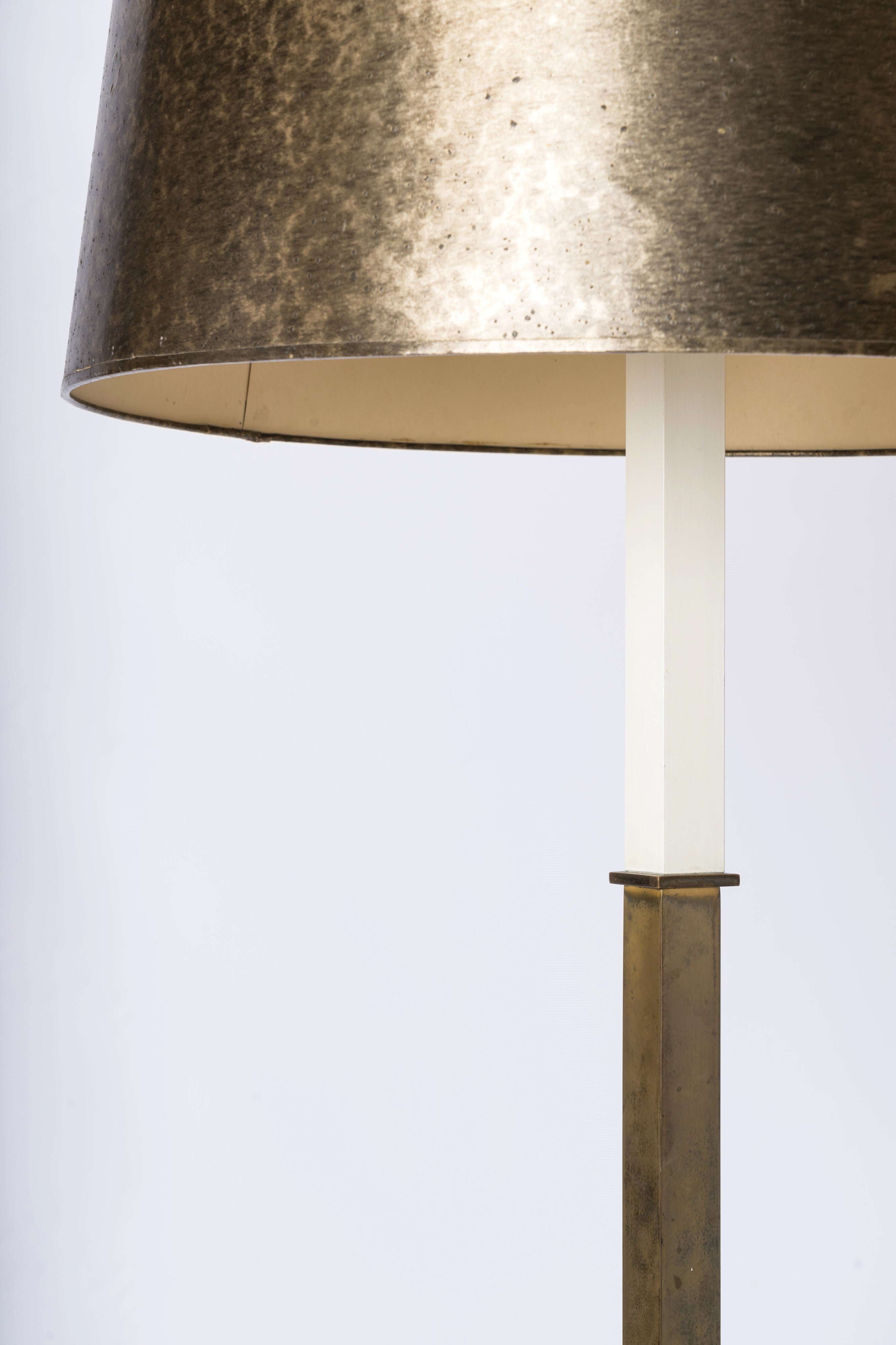 Minimalist Patinated Brass, White Lacquer & Opaline Floor Lamp - Germany 1970's