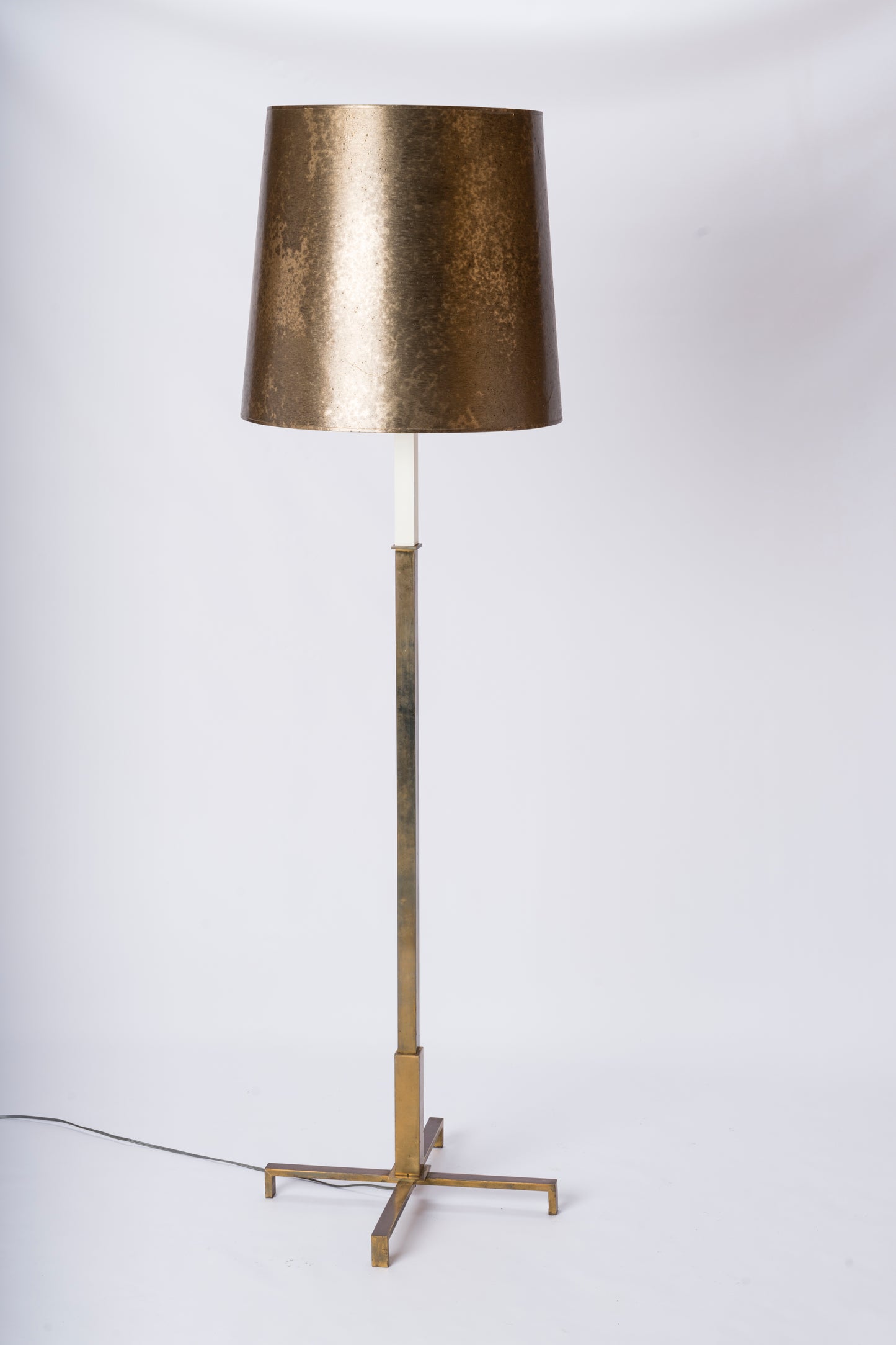 Minimalist Patinated Brass, White Lacquer & Opaline Floor Lamp - Germany 1970's