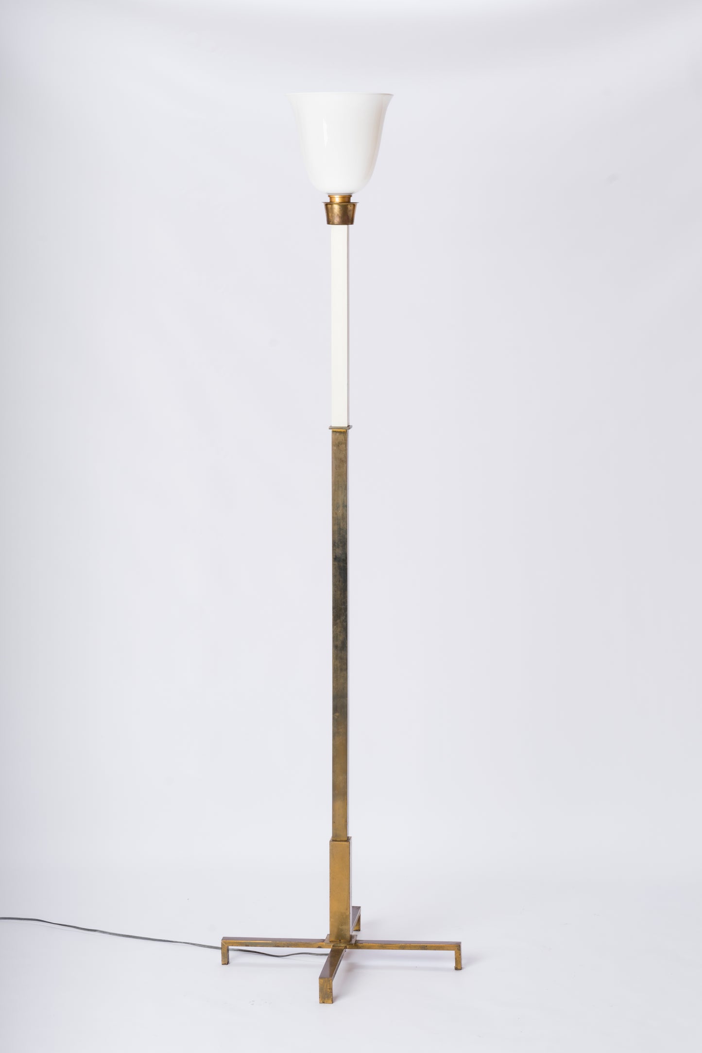 Minimalist Patinated Brass, White Lacquer & Opaline Floor Lamp - Germany 1970's