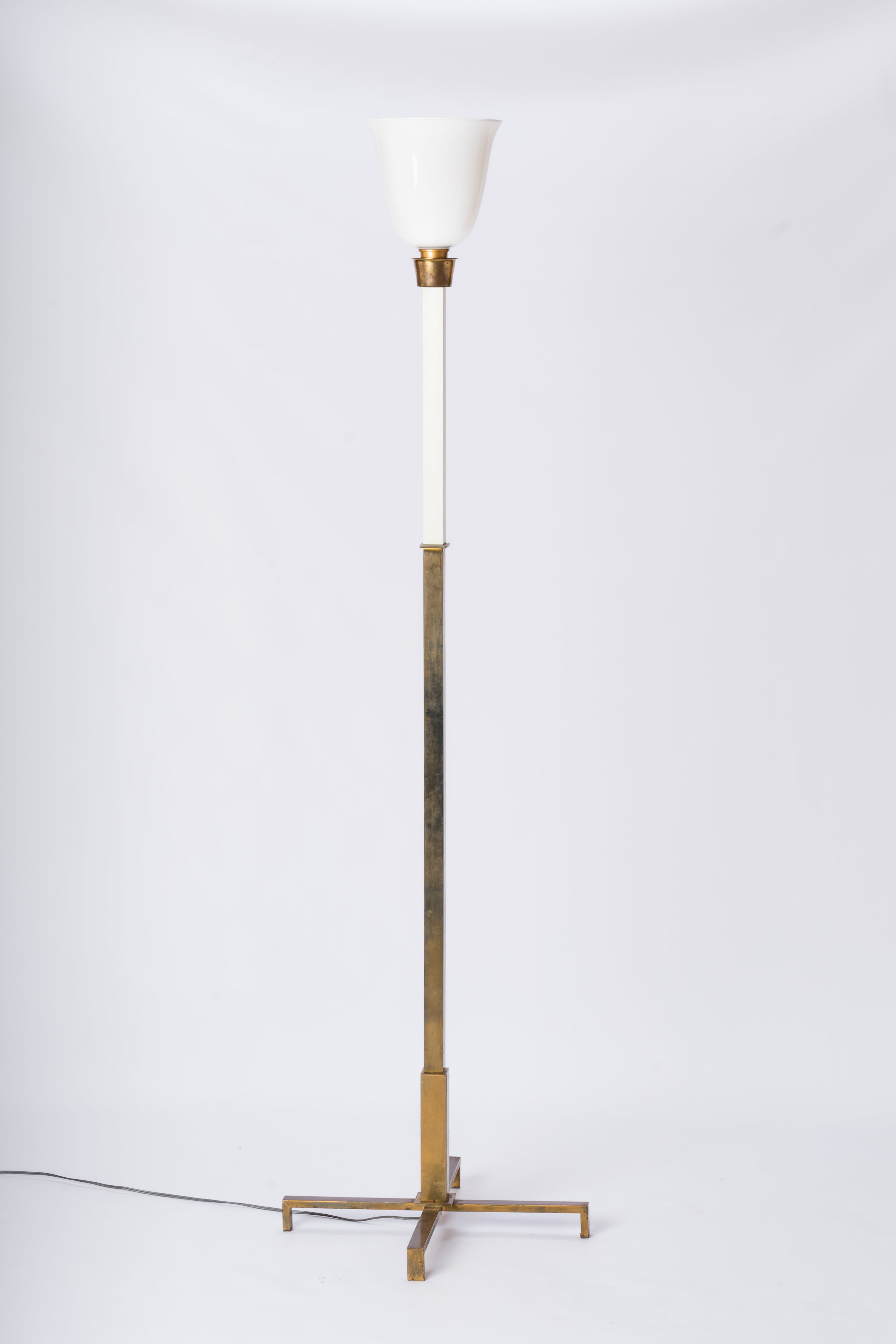 Brass, White Lacquered Steel & Opaline Floor Lamp - Germany 1970's