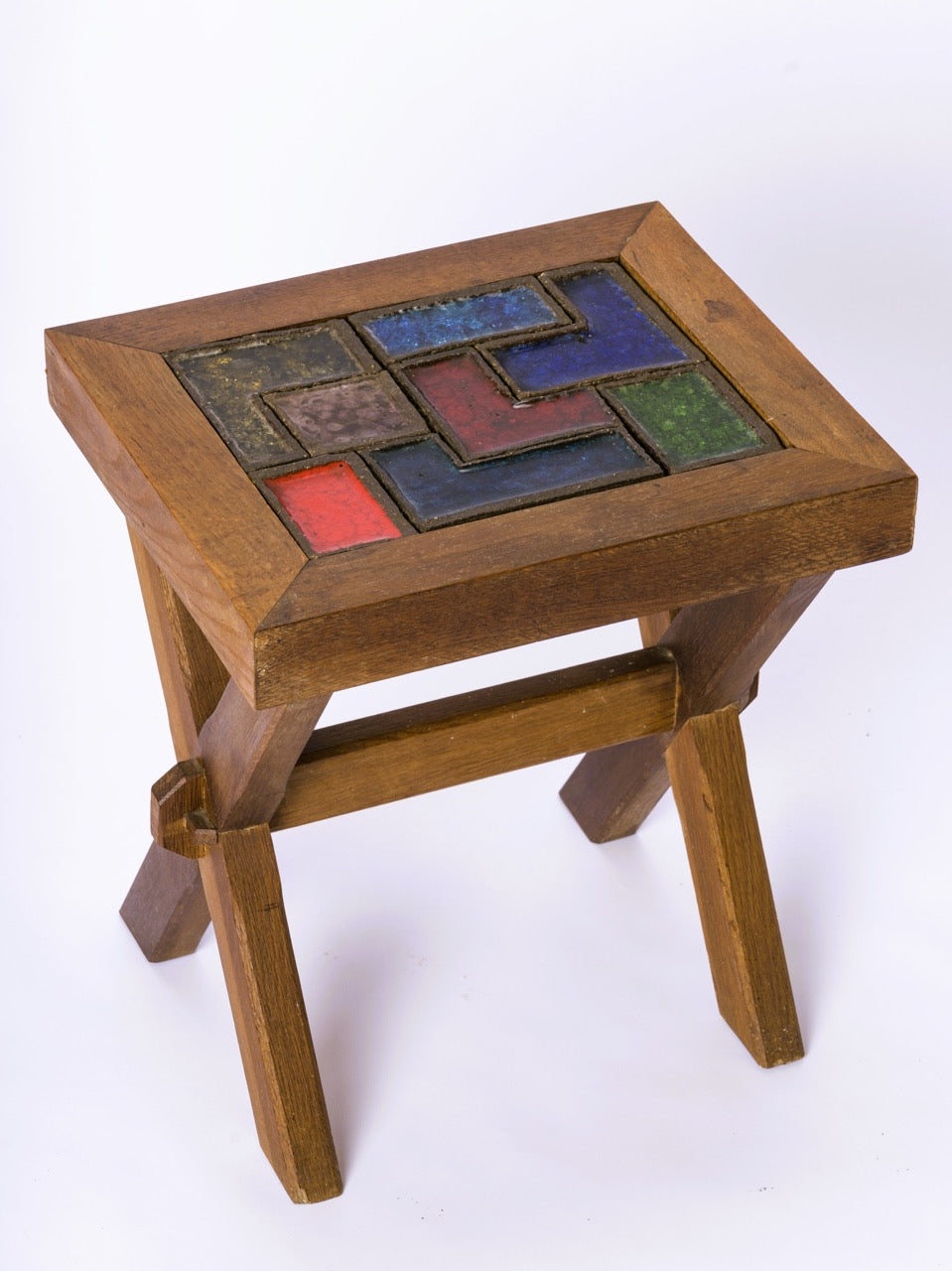 Brutalist "Compas" Dark Oak and Talosel Color Tiles Side Table - France 1970's