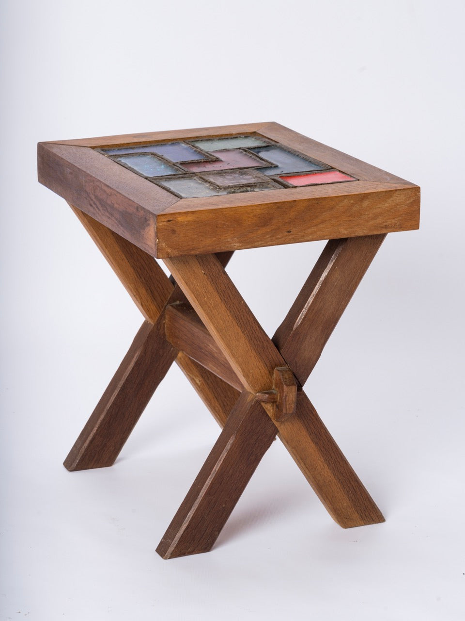 Brutalist "Compas" Dark Oak and Talosel Color Tiles Side Table - France 1970's