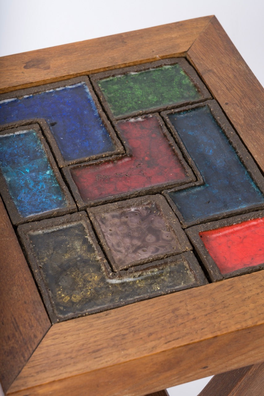 Brutalist "Compas" Dark Oak and Talosel Color Tiles Side Table - France 1970's