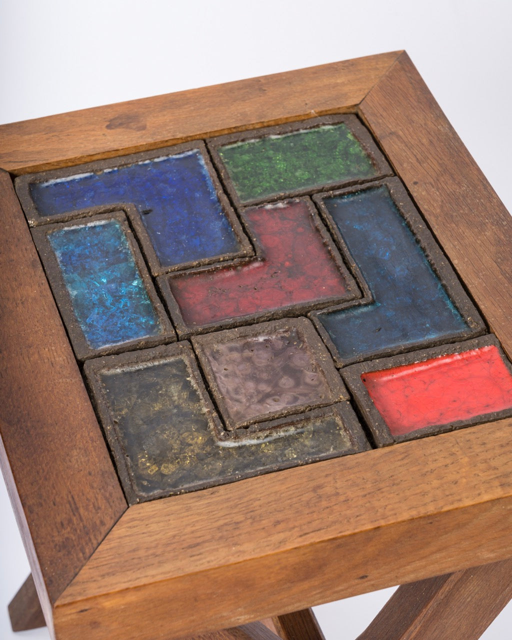 Brutalist "Compas" Dark Oak and Talosel Color Tiles Side Table - France 1970's