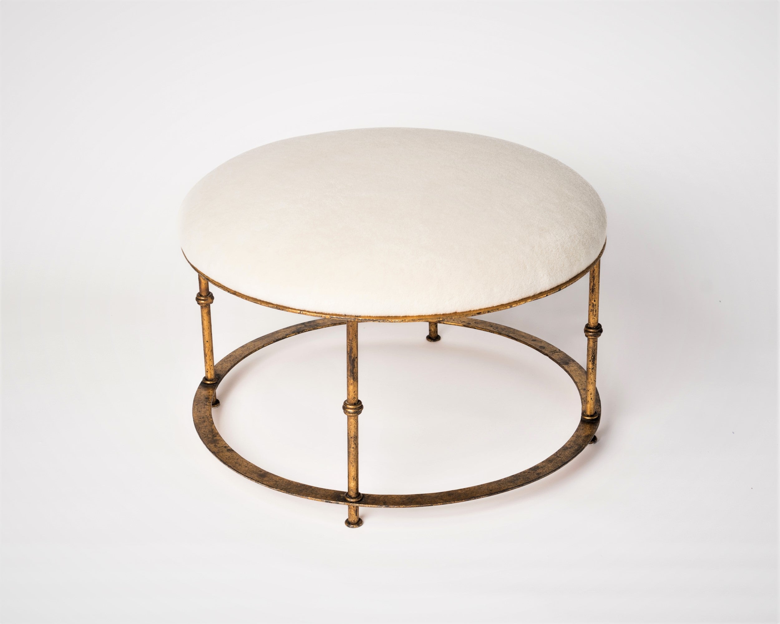 Patinated Gilt Steel Round Ottoman w. Cream Mohair Cushion, Italy 1970's