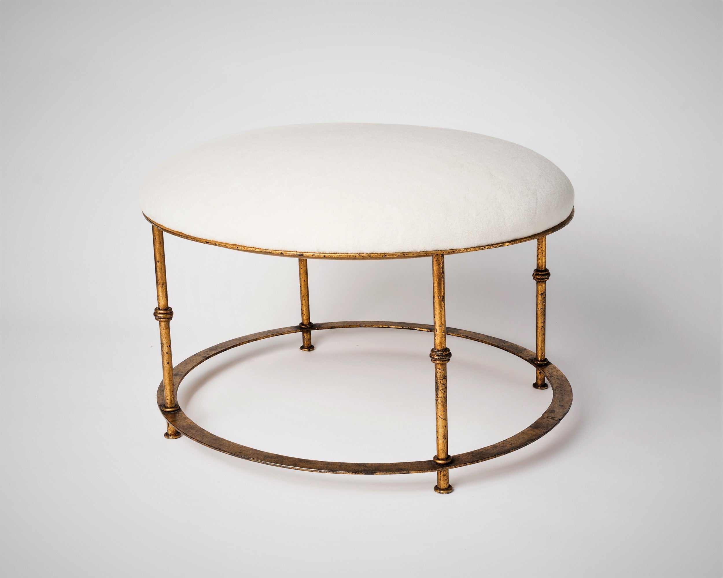 Patinated Gilt Steel Round Ottoman w. Cream Mohair Cushion, Italy 1970's