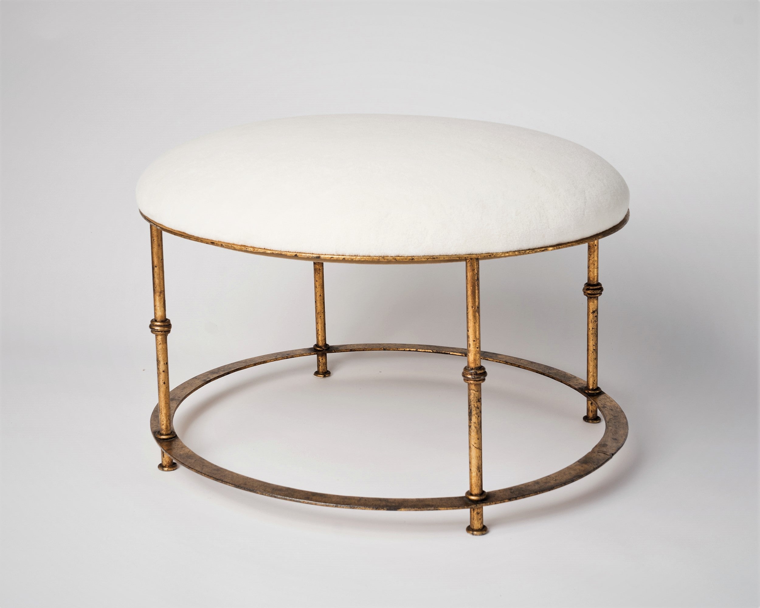 Patinated Gilt Steel Round Ottoman w. Cream Mohair Cushion, Italy 1970's