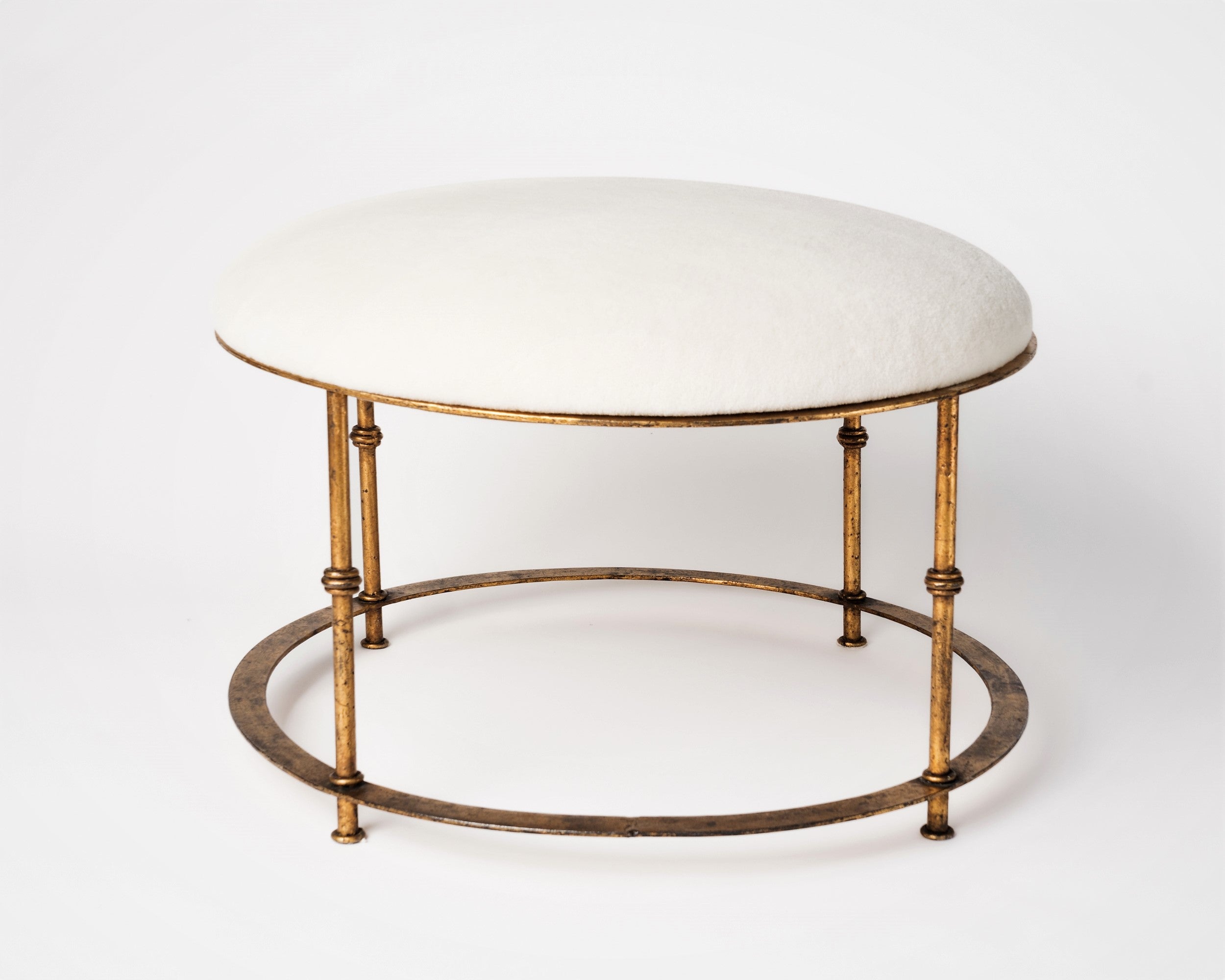 Patinated Gilt Steel Round Ottoman w. Cream Mohair Cushion, Italy 1970's