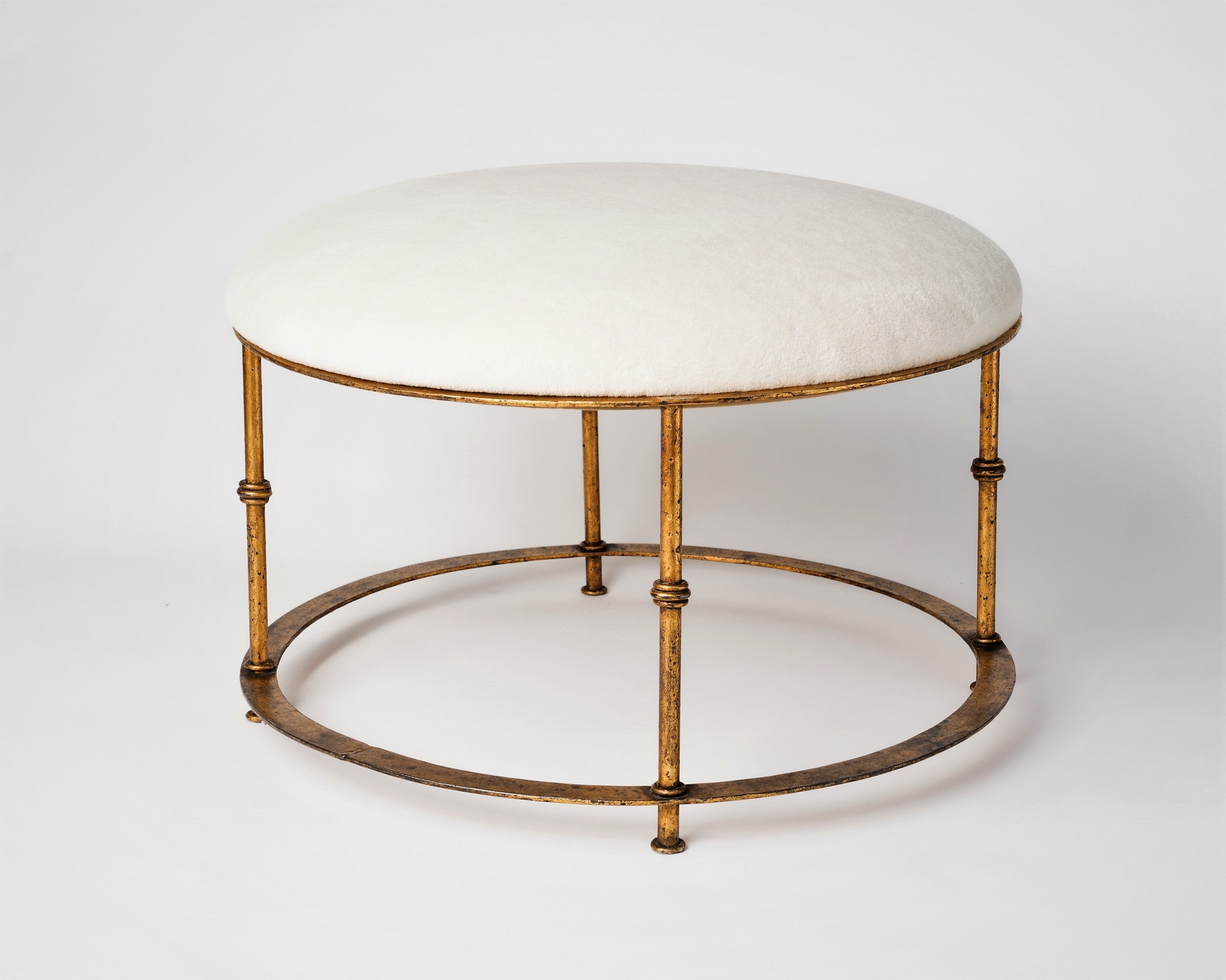 Patinated Gilt Steel Round Ottoman w. Cream Mohair Cushion, Italy 1970's