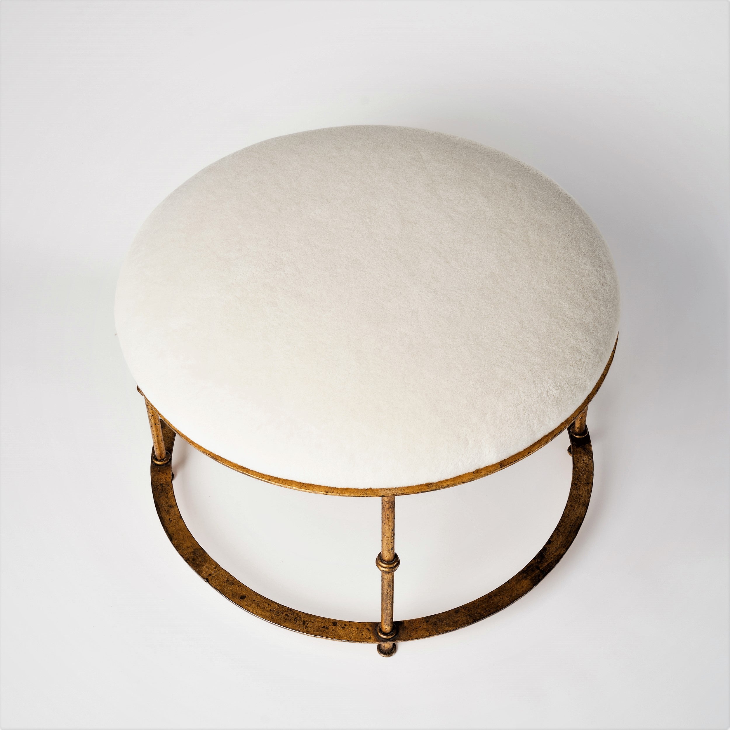 Patinated Gilt Steel Round Ottoman w. Cream Mohair Cushion, Italy 1970's