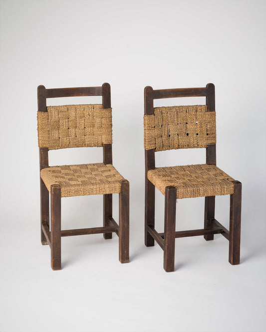 Pair of Rope and Dark Oak Side Chairs in the Style of Jourdain, France, 1940's