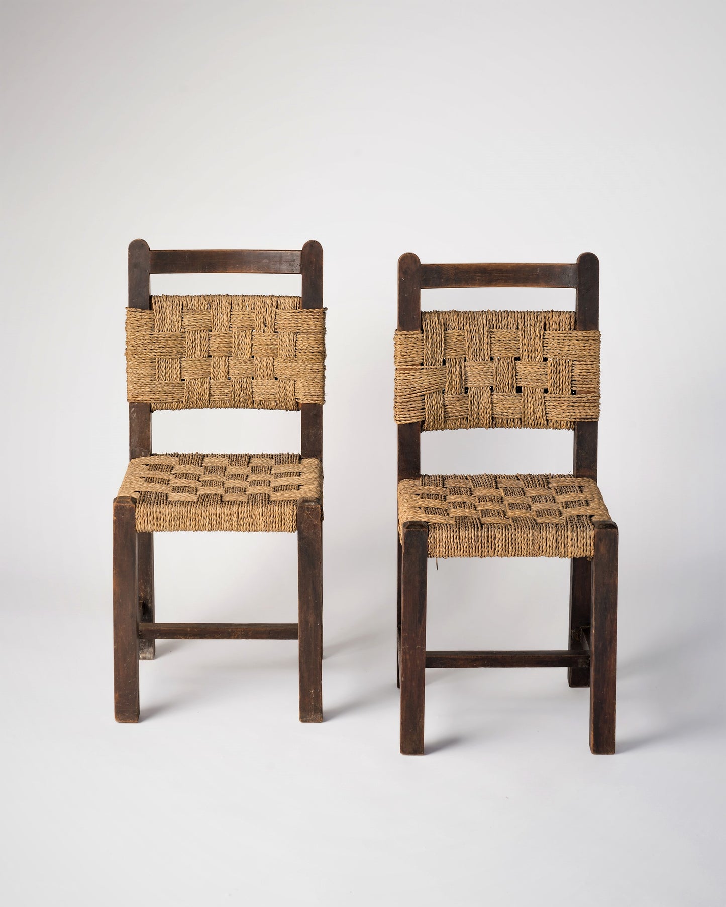 Pair of Rope and Dark Oak Side Chairs in the Style of Jourdain, France, 1940's