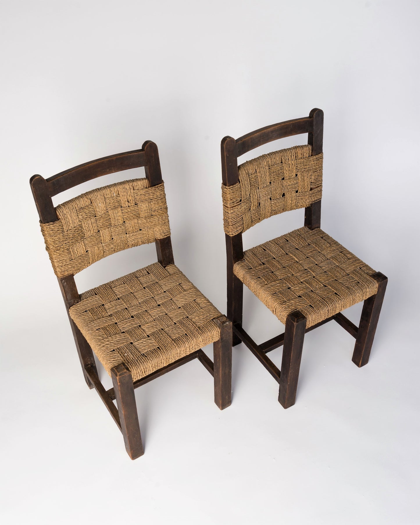 Pair of Rope and Dark Oak Side Chairs in the Style of Jourdain, France, 1940's