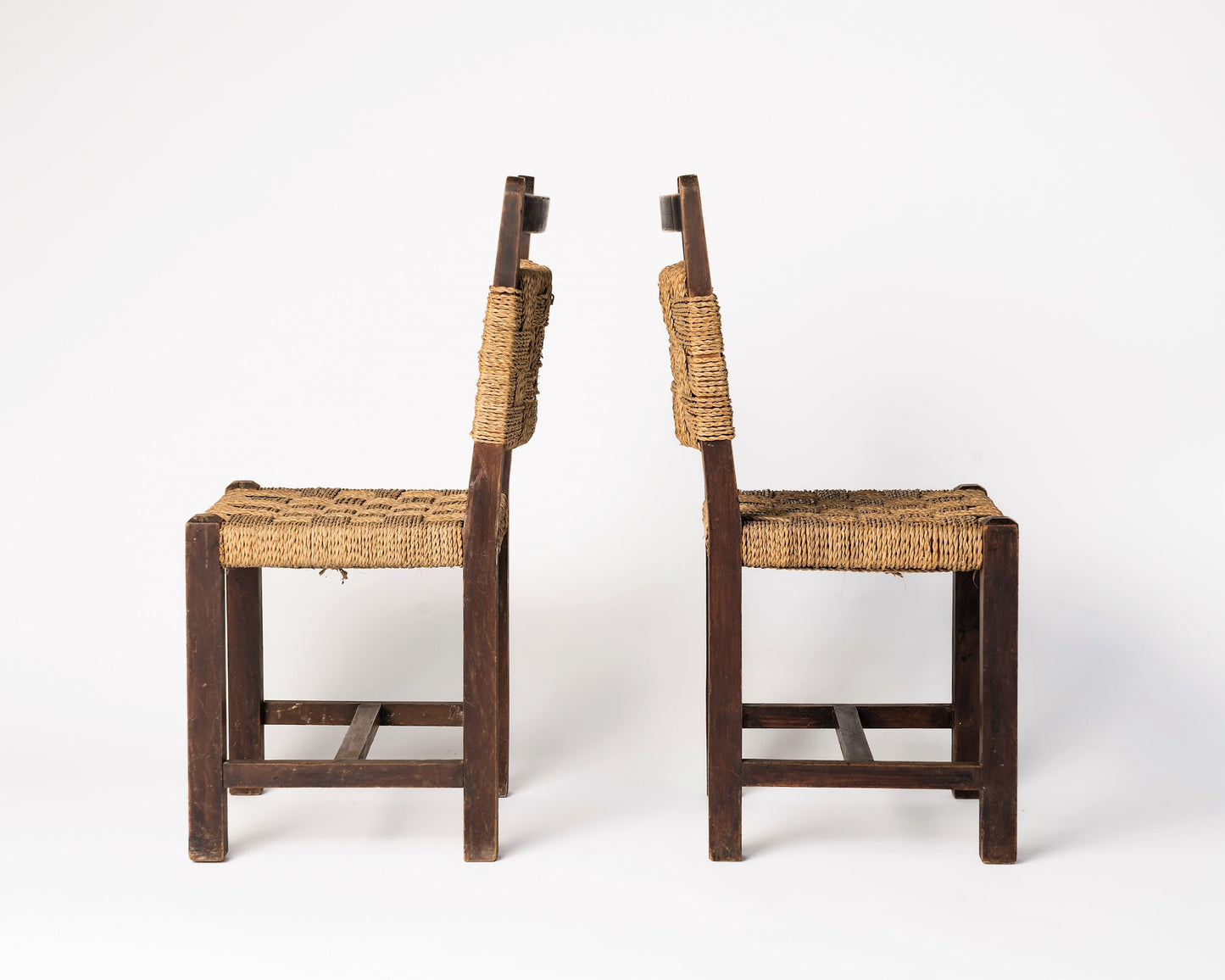 Pair of Rope and Dark Oak Side Chairs in the Style of Jourdain, France, 1940's