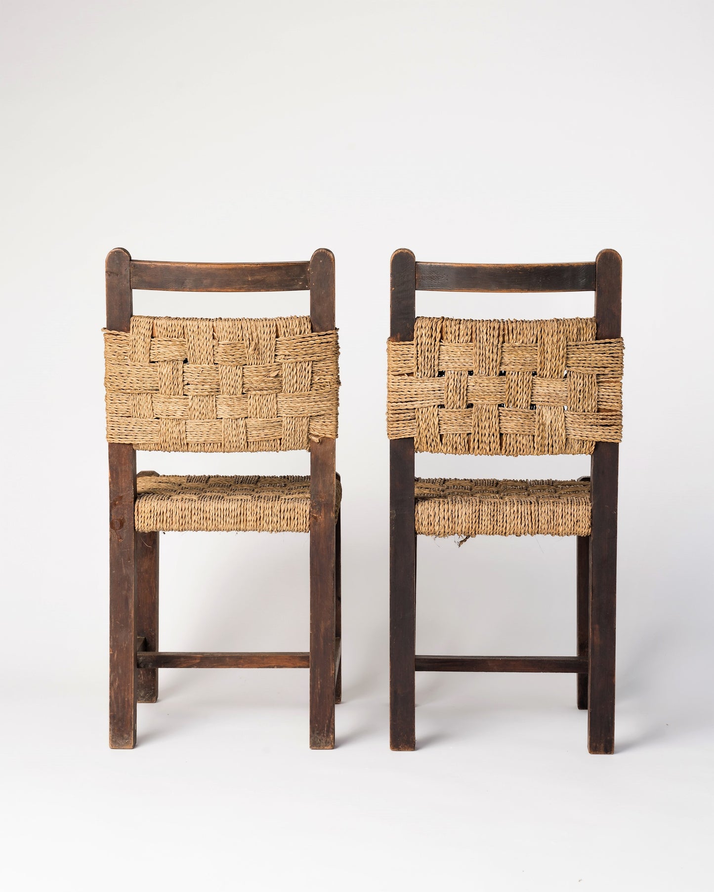 Pair of Rope and Dark Oak Side Chairs in the Style of Jourdain, France, 1940's