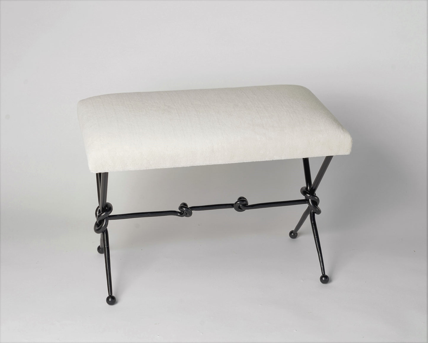 Lacquered Intricate Wrought Iron Bench with White Frey Mohair Top, France, 1950