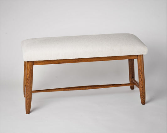 French Reconstruction Solid Oak and Off-White Frey Mohair Bench, France, 1950's