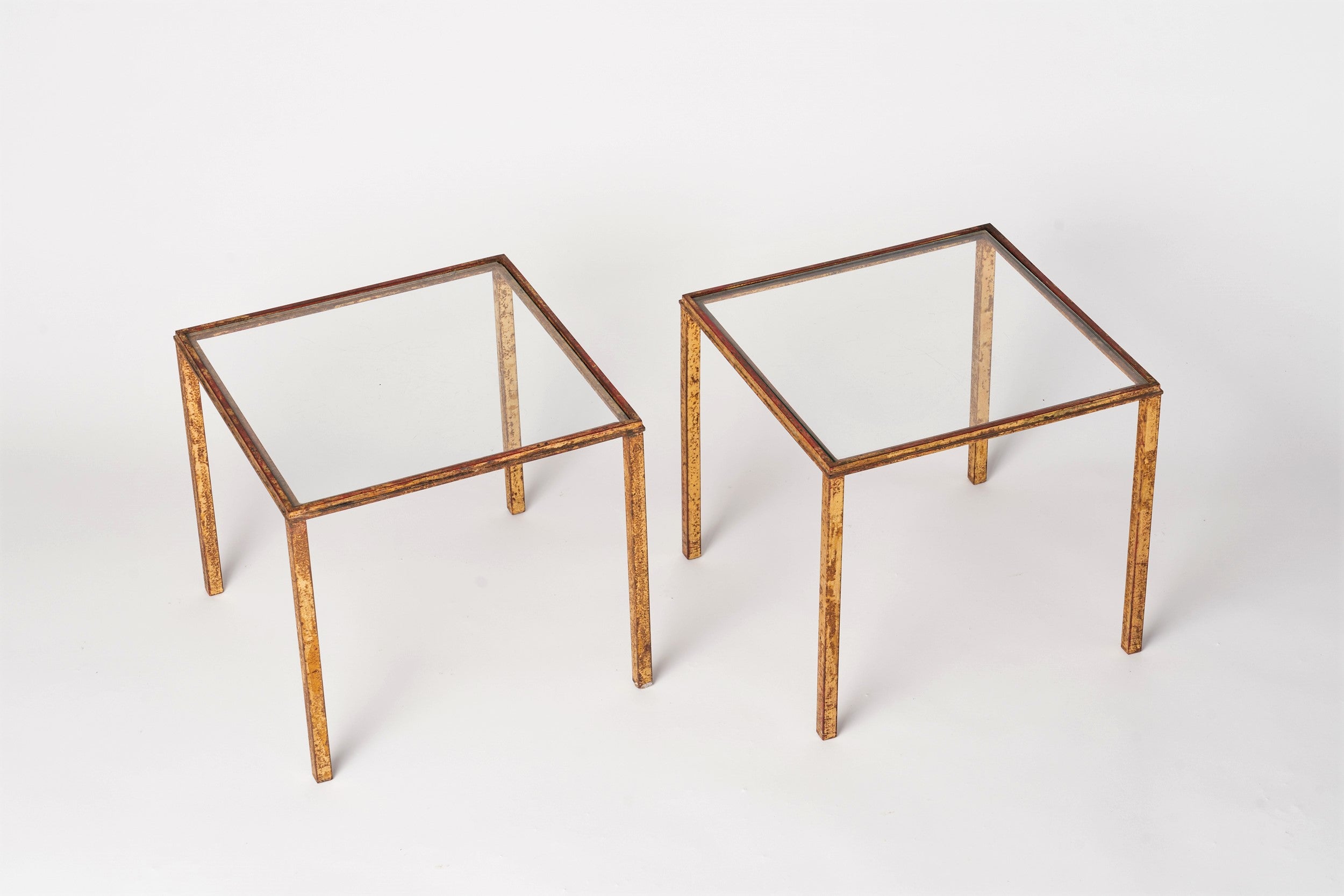 Pair of Robert Thibier Gold Leaf and Red Patina Side Tables, France, 1960's