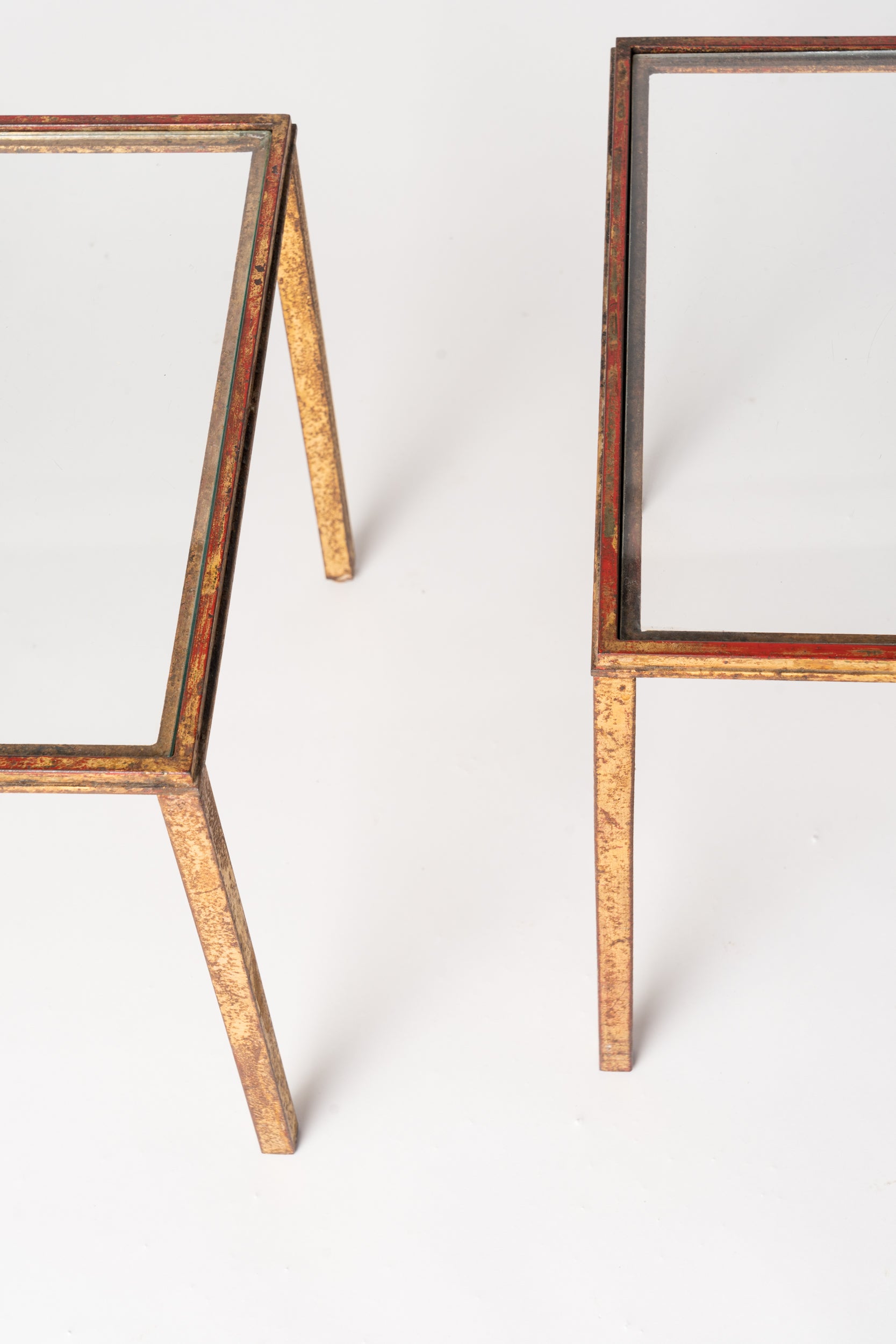 Pair of Robert Thibier Gold Leaf and Red Patina Side Tables, France, 1960's