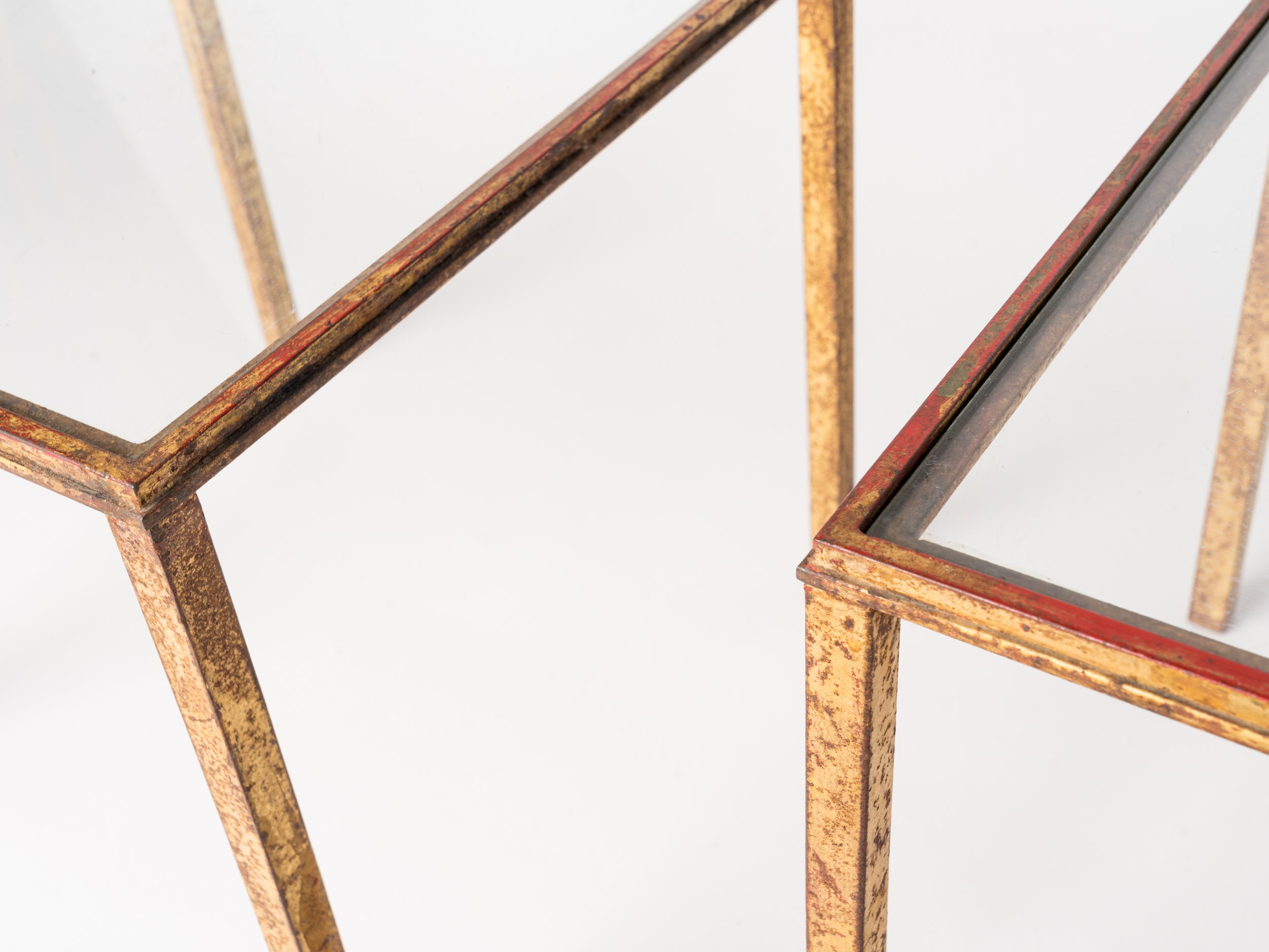 Pair of Robert Thibier Gold Leaf and Red Patina Side Tables, France, 1960's