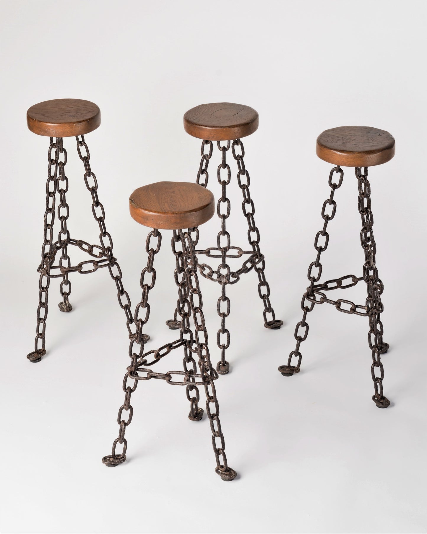 Set of 4 Brutalist Welded Black Marine Chain and Wood Bar Stools - France 1970's