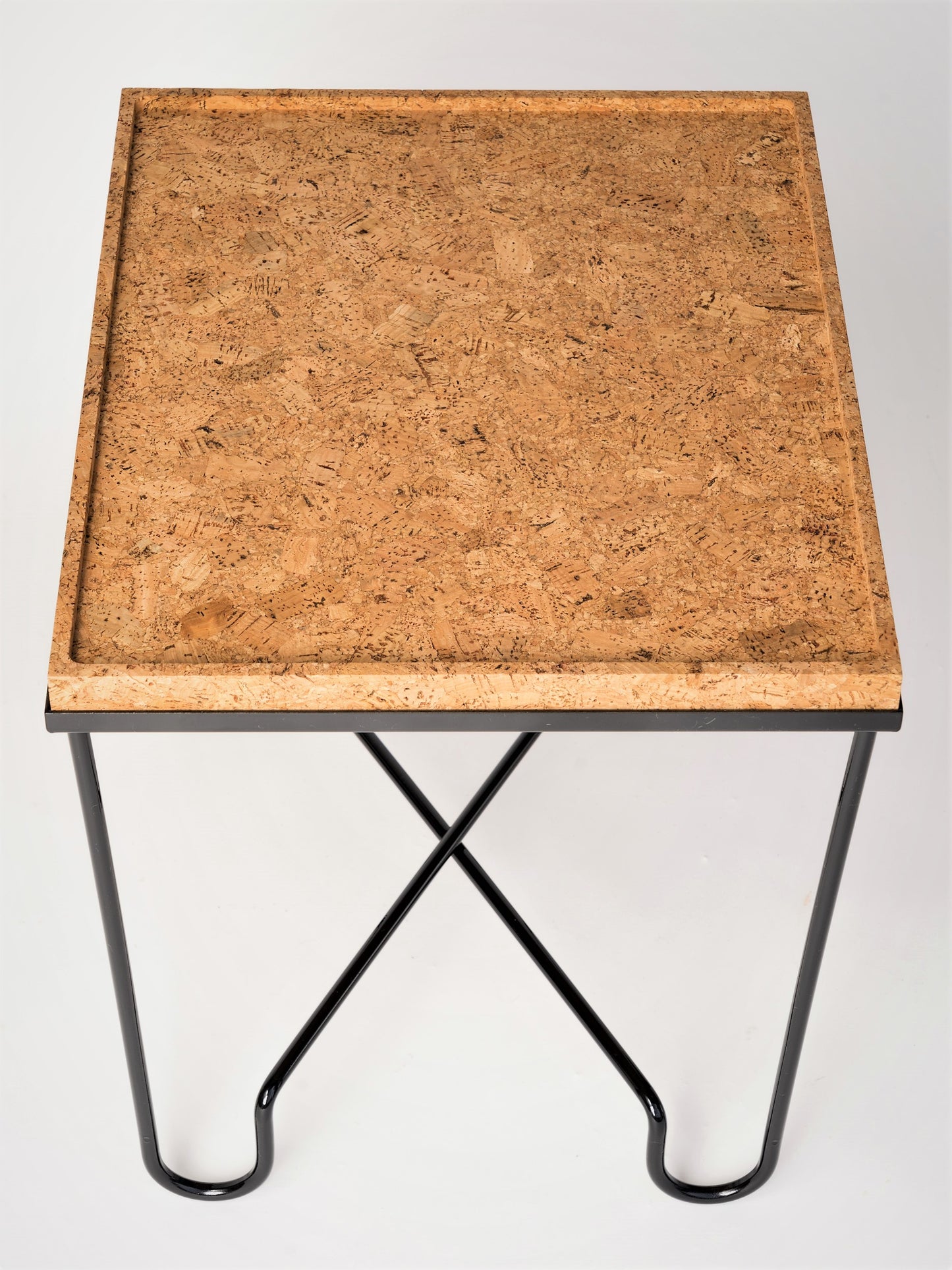 "Aronde" Black Lacquered Steel Side Table with Natural Cork Top