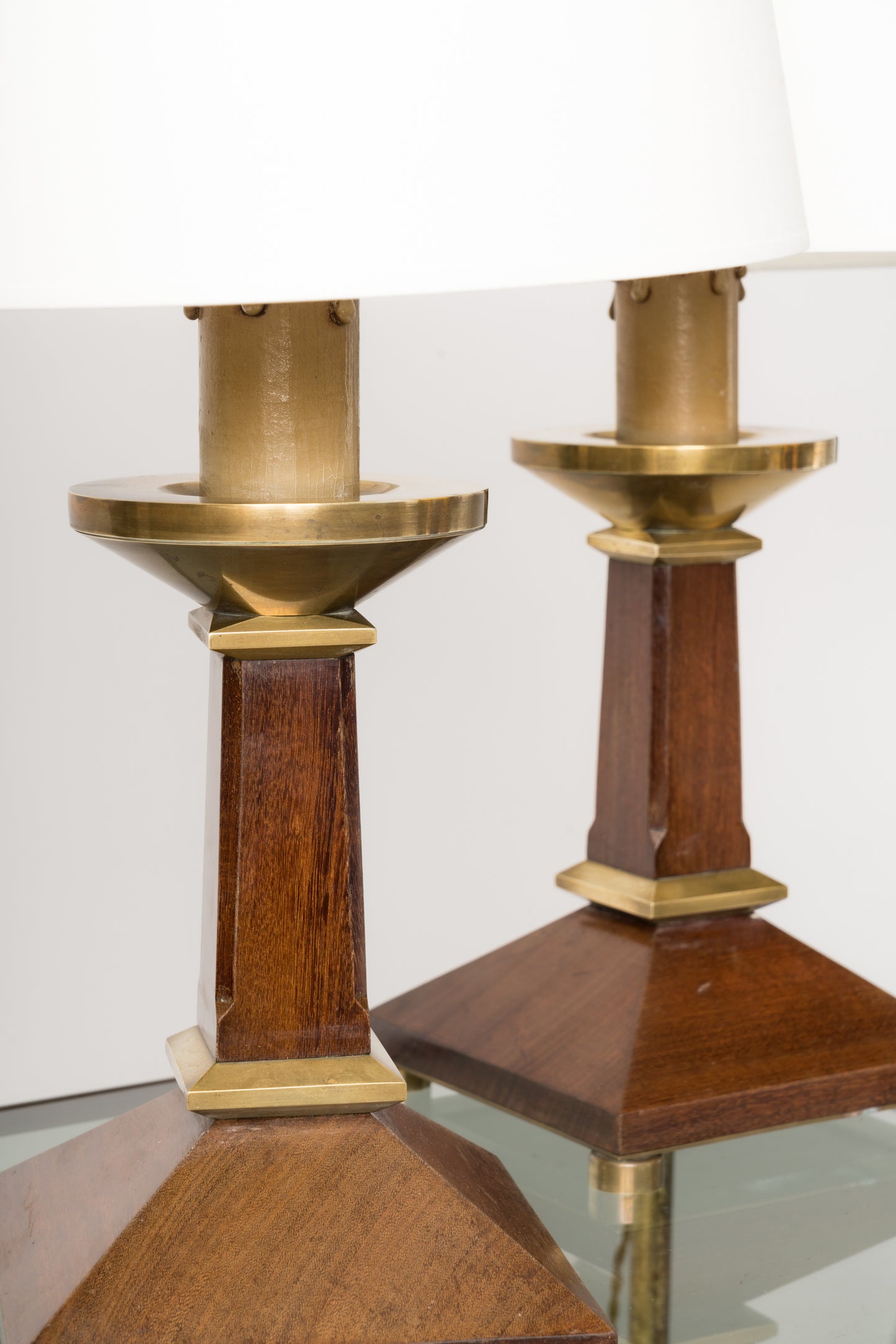 Pair of Neo-Classical Mahogany and Brass Table Lamps - France 1960's