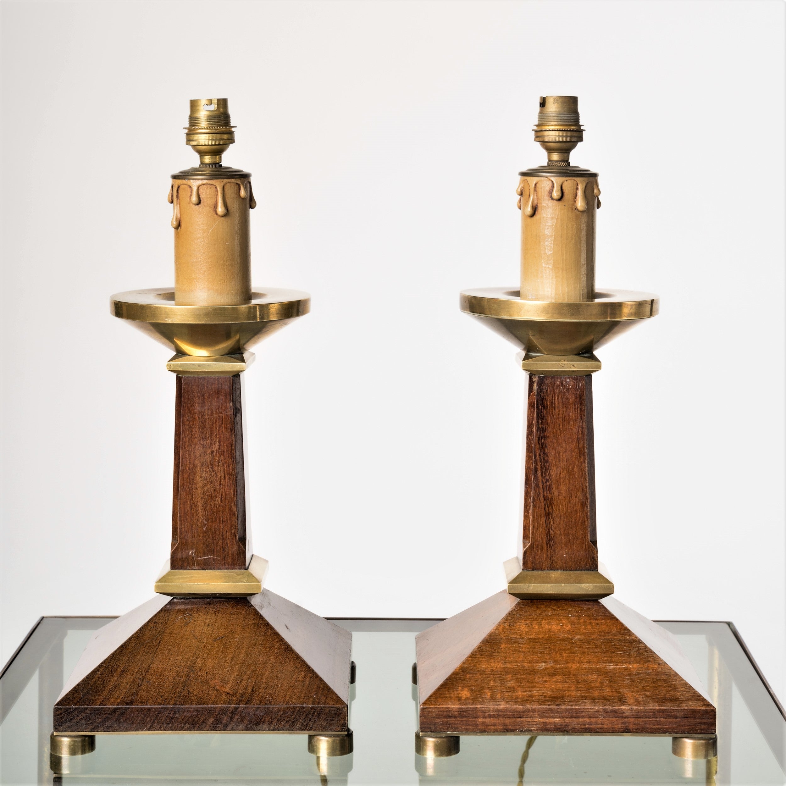 Pair of Neo-Classical Mahogany and Brass Table Lamps - France 1960's