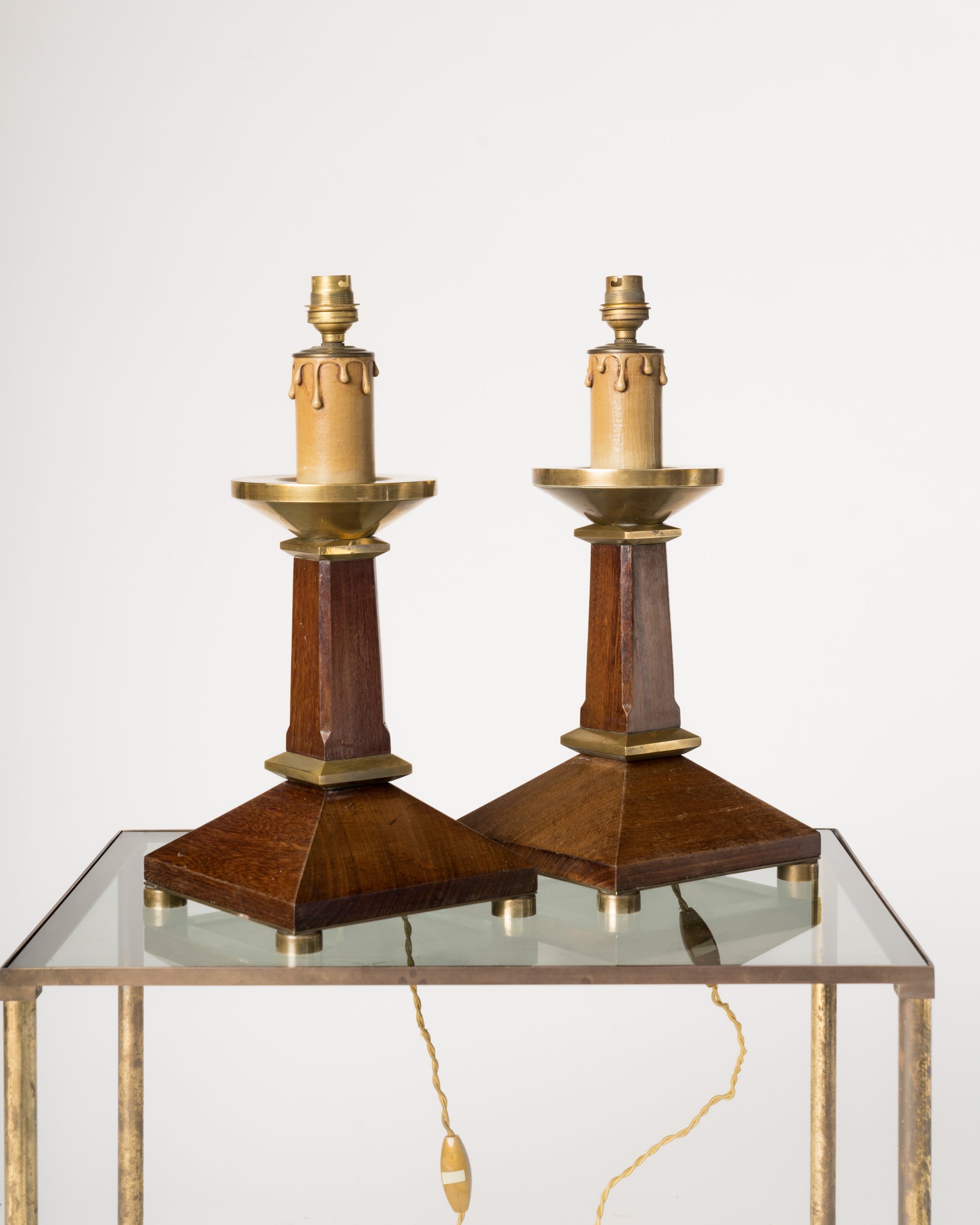 Pair of Neo-Classical Mahogany and Brass Table Lamps - France 1960's