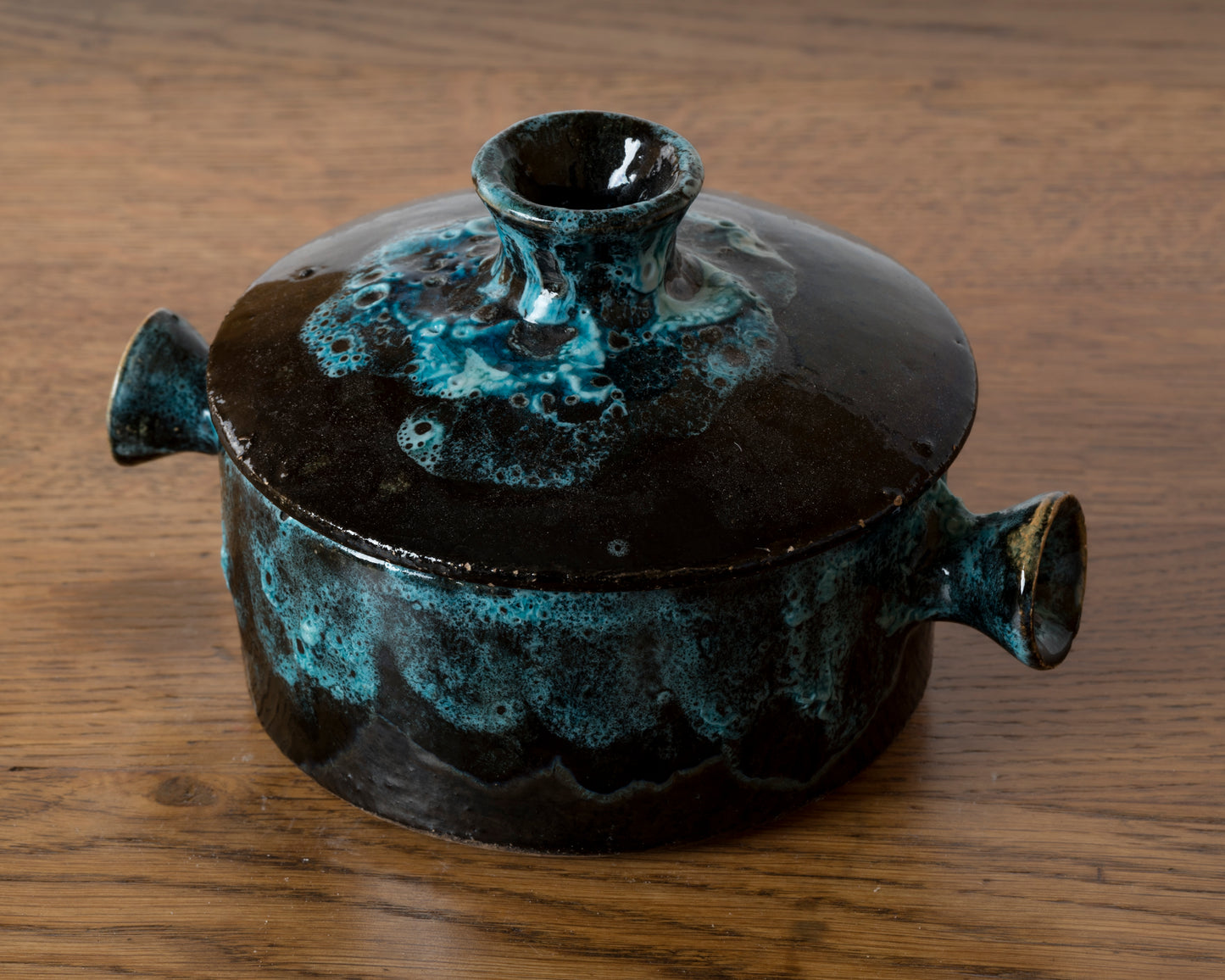 Midcentury Black & Blue Glazed Ceramic Box with handles - France 1950's