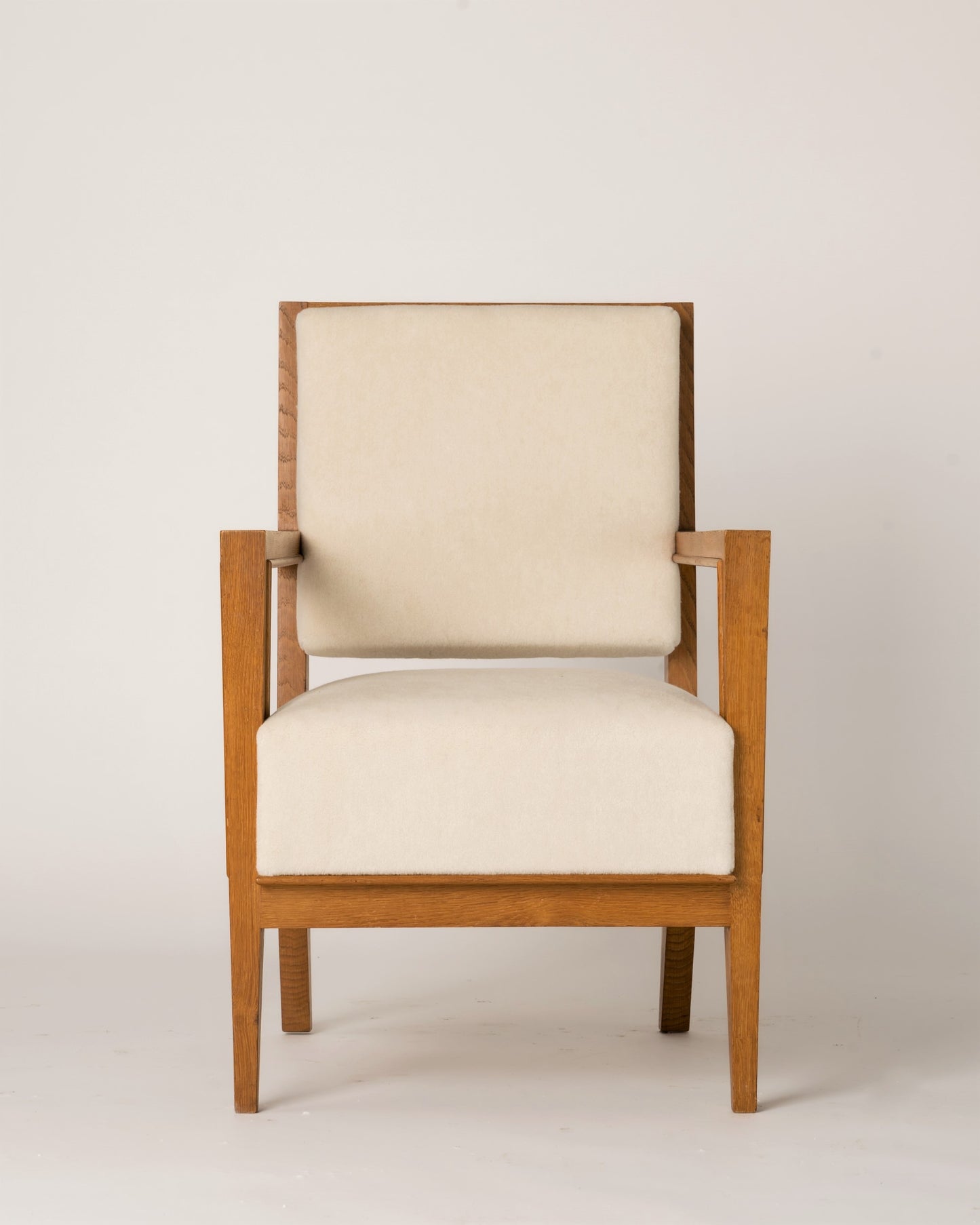 Minimalist Solid Oak Armchair Creme Pierre Frey Mohair, France 1940's