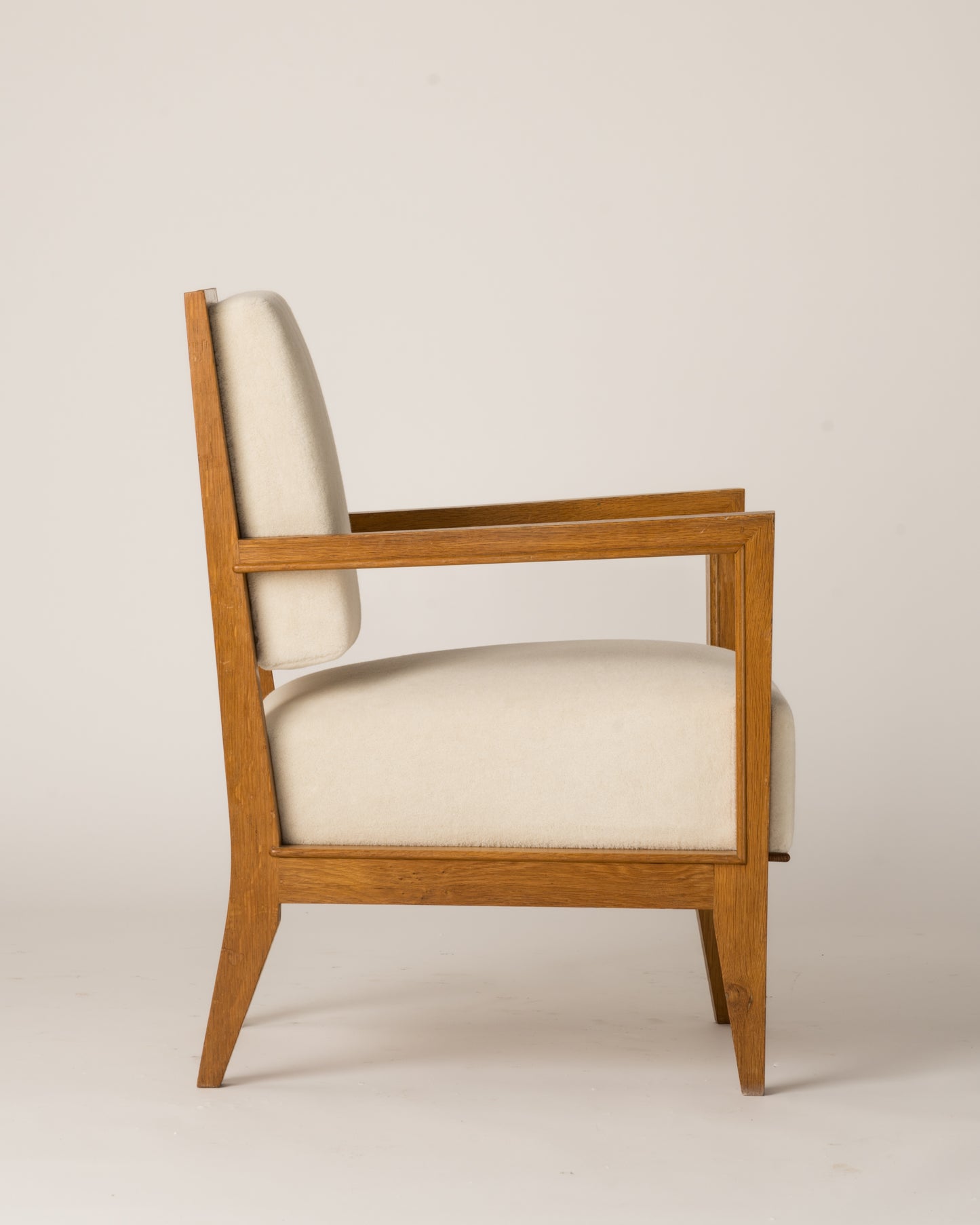 Minimalist Solid Oak Armchair Creme Pierre Frey Mohair, France 1940's