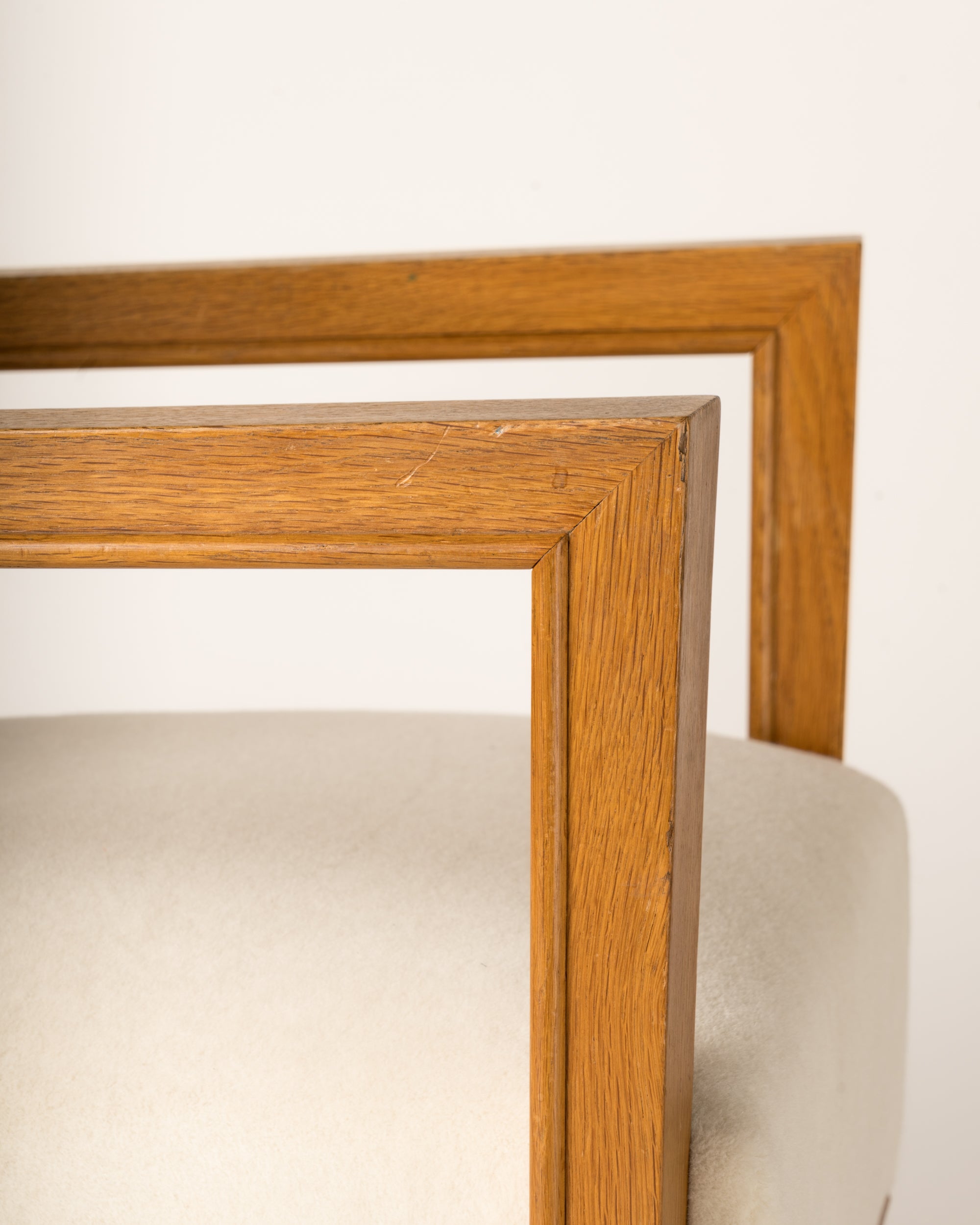 Minimalist Solid Oak Armchair Creme Pierre Frey Mohair, France 1940's