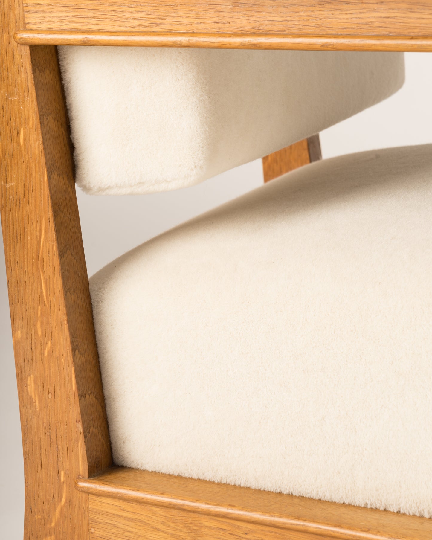 Minimalist Solid Oak Armchair Creme Pierre Frey Mohair, France 1940's