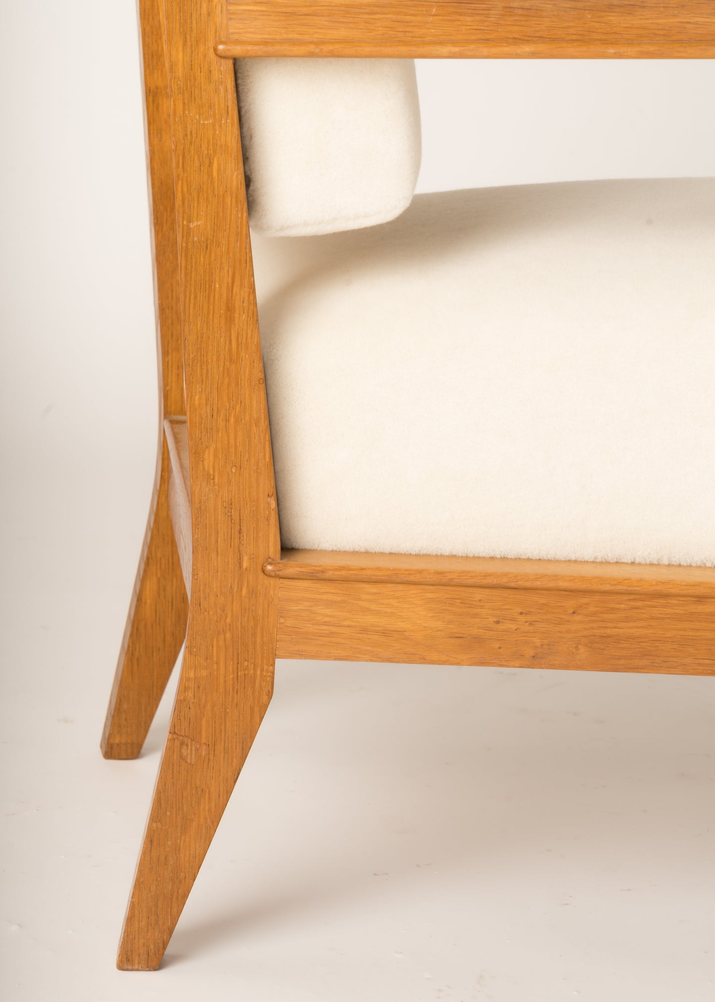 Minimalist Solid Oak Armchair Creme Pierre Frey Mohair, France 1940's