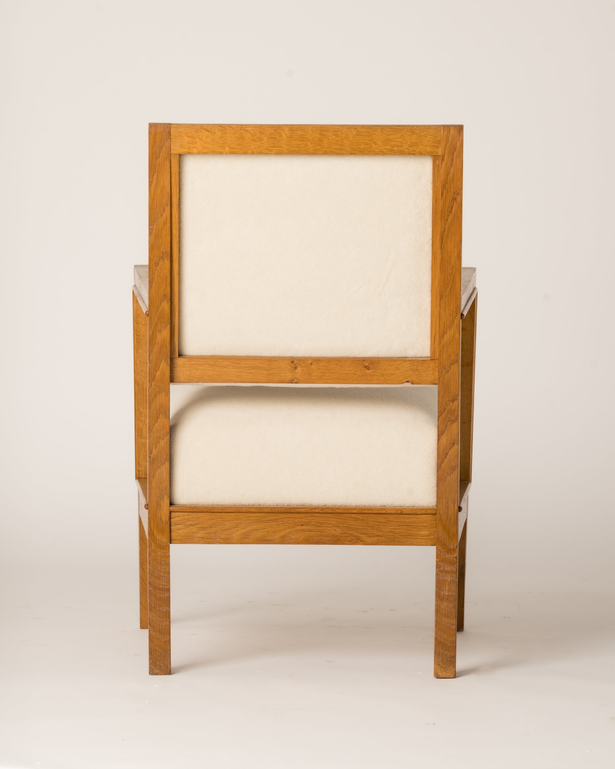 Minimalist Solid Oak Armchair Creme Pierre Frey Mohair, France 1940's