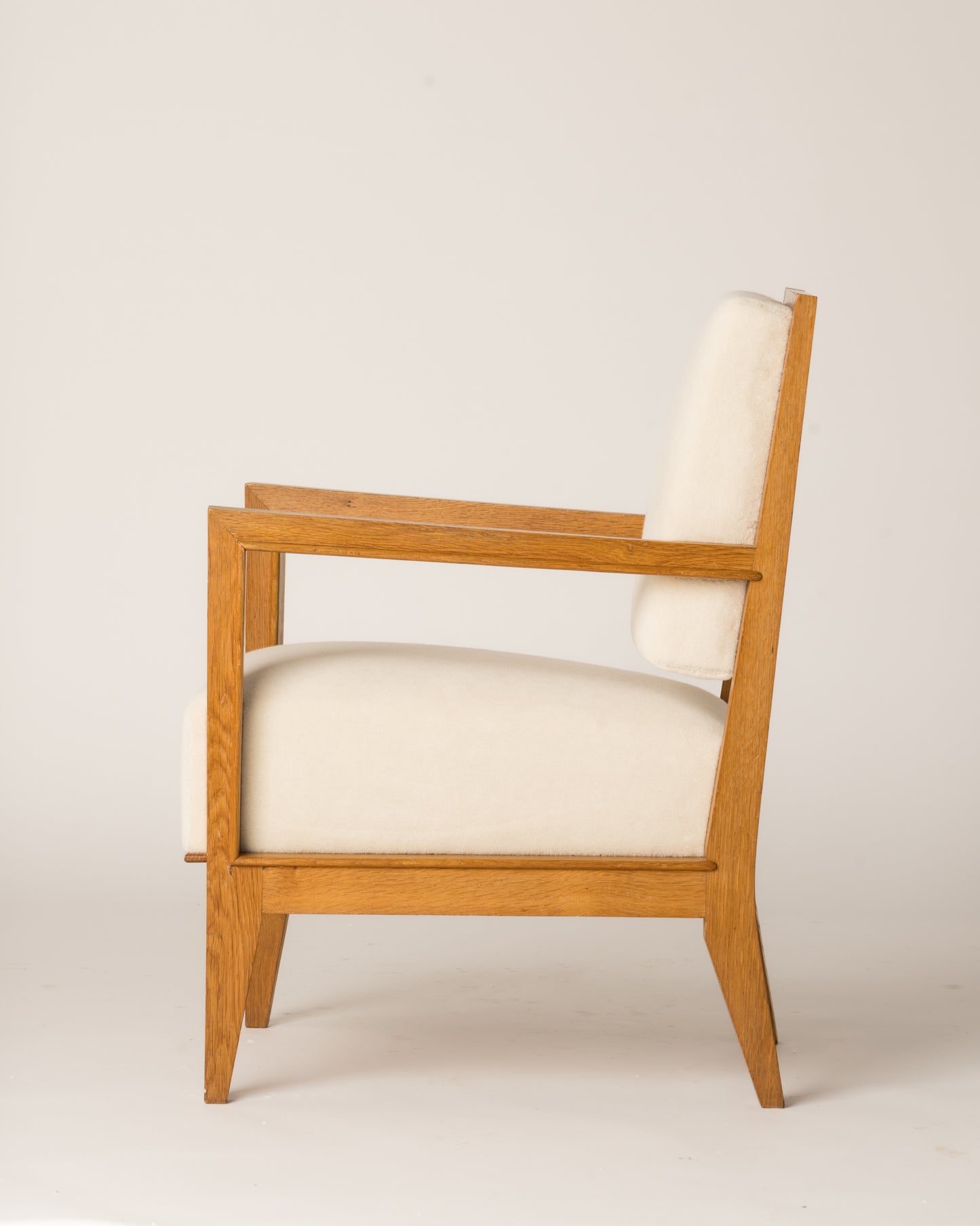 Minimalist Solid Oak Armchair Creme Pierre Frey Mohair, France 1940's