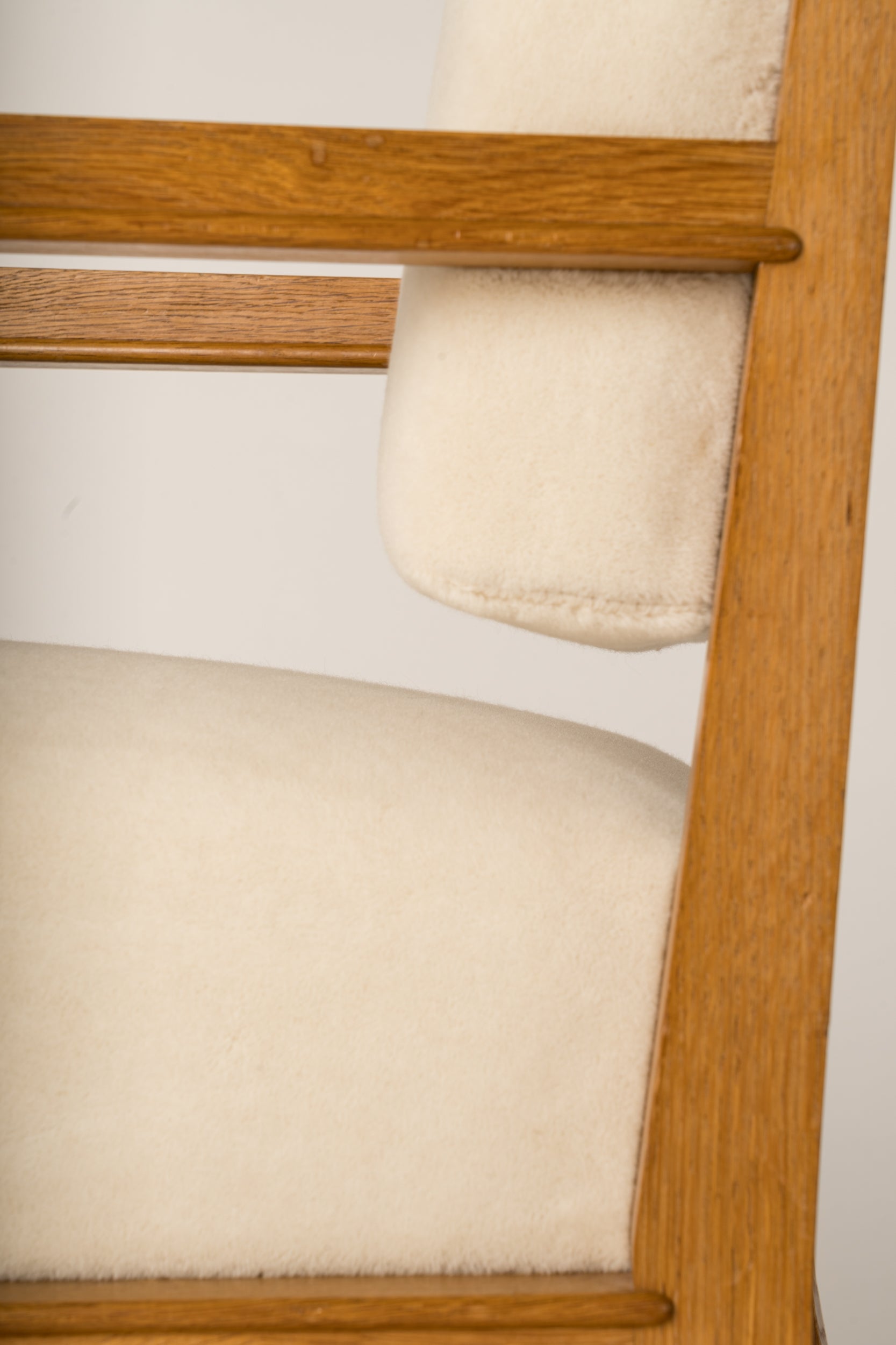 Minimalist Solid Oak Armchair Creme Pierre Frey Mohair, France 1940's