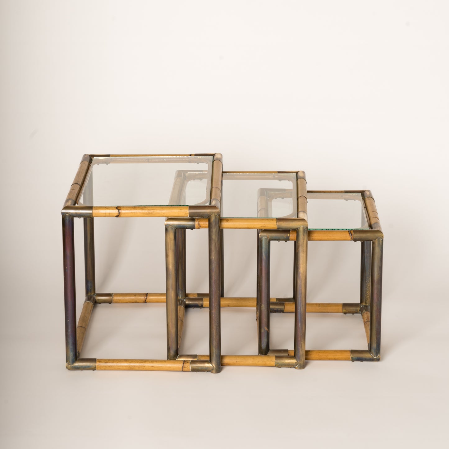 Set of Three Bamboo & Brass Nesting Tables, Italy, 1970's