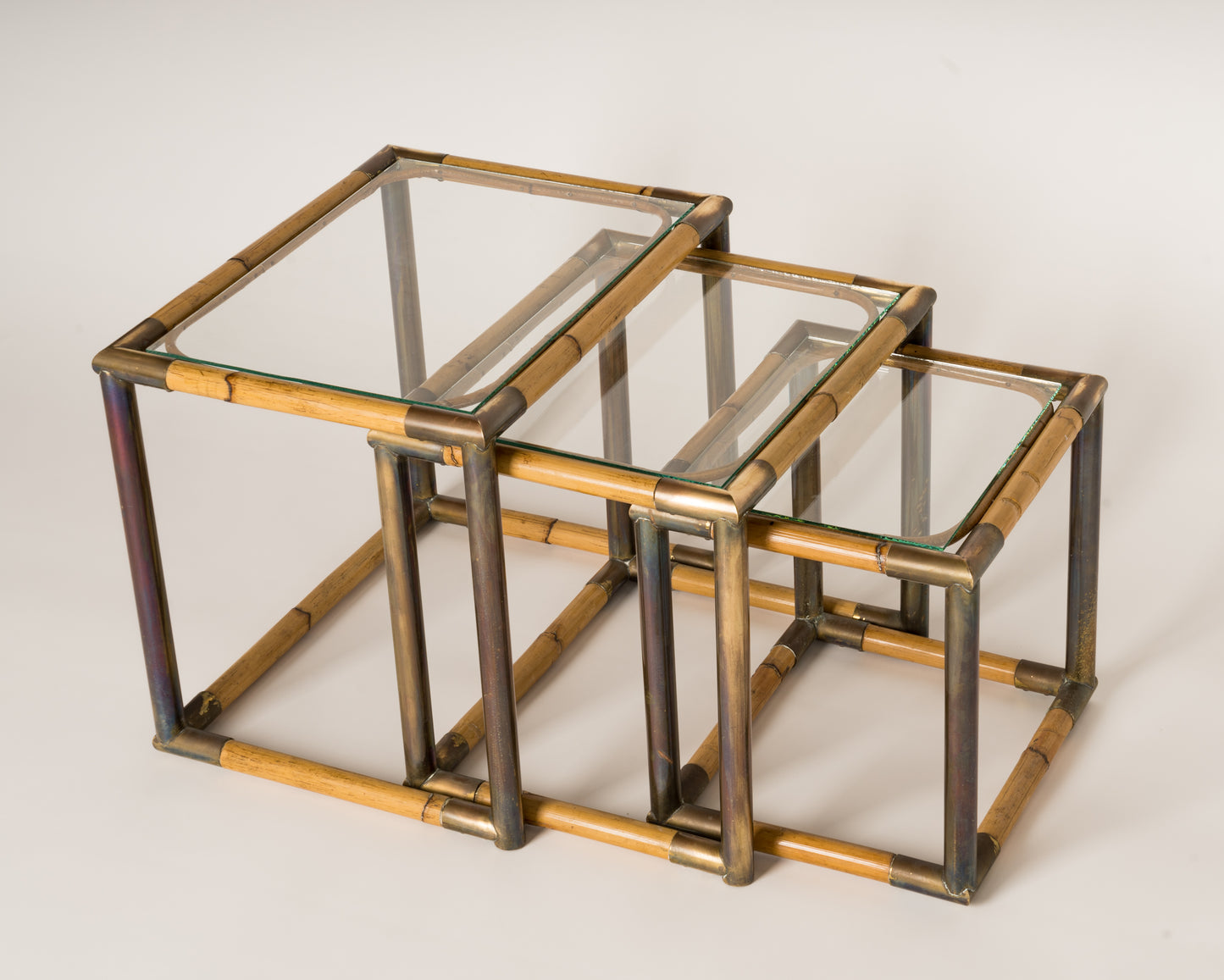 Set of Three Bamboo & Brass Nesting Tables, Italy, 1970's