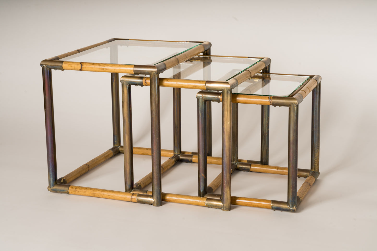 Set of Three Bamboo & Brass Nesting Tables, Italy, 1970's