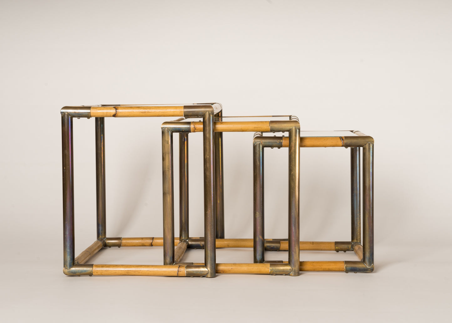 Set of Three Bamboo & Brass Nesting Tables, Italy, 1970's