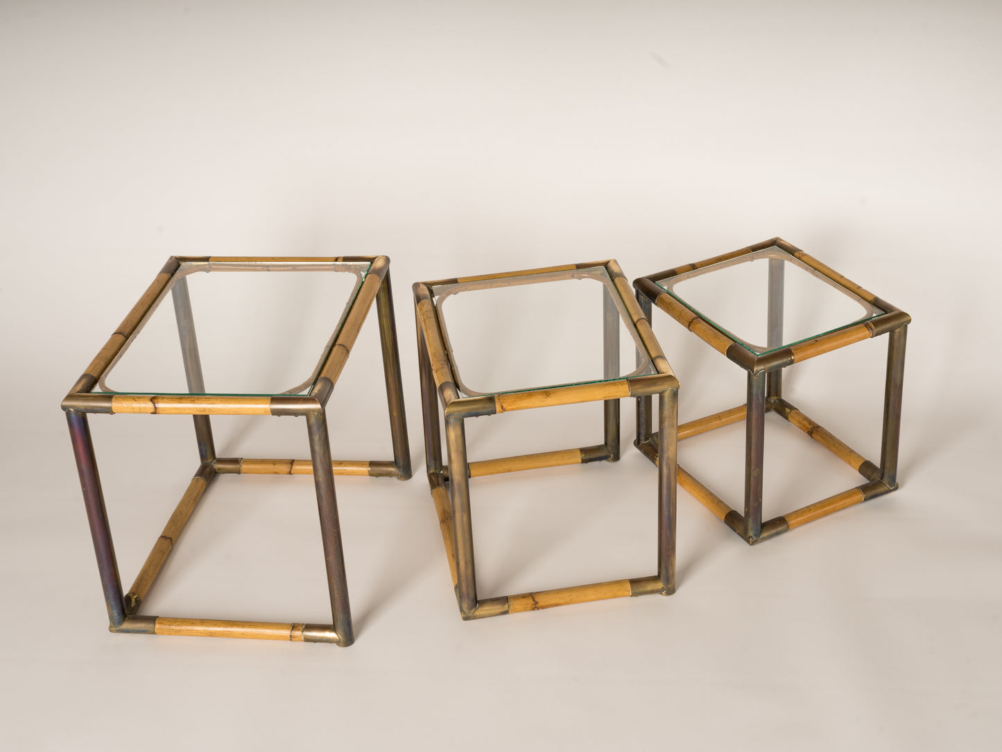 Set of Three Bamboo & Brass Nesting Tables, Italy, 1970's