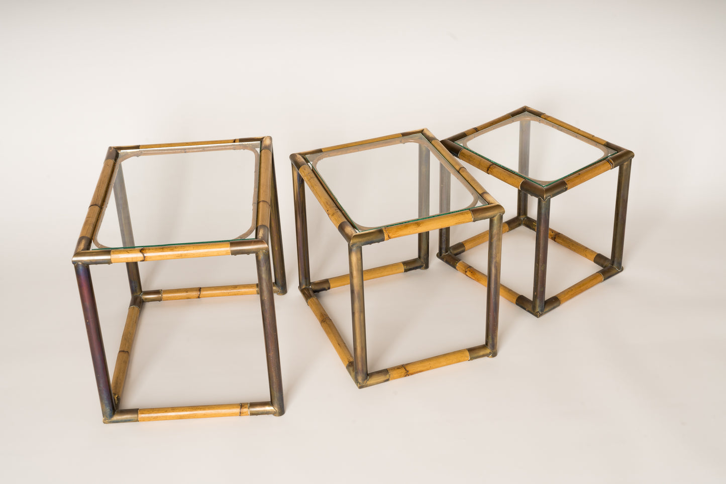 Set of Three Bamboo & Brass Nesting Tables, Italy, 1970's