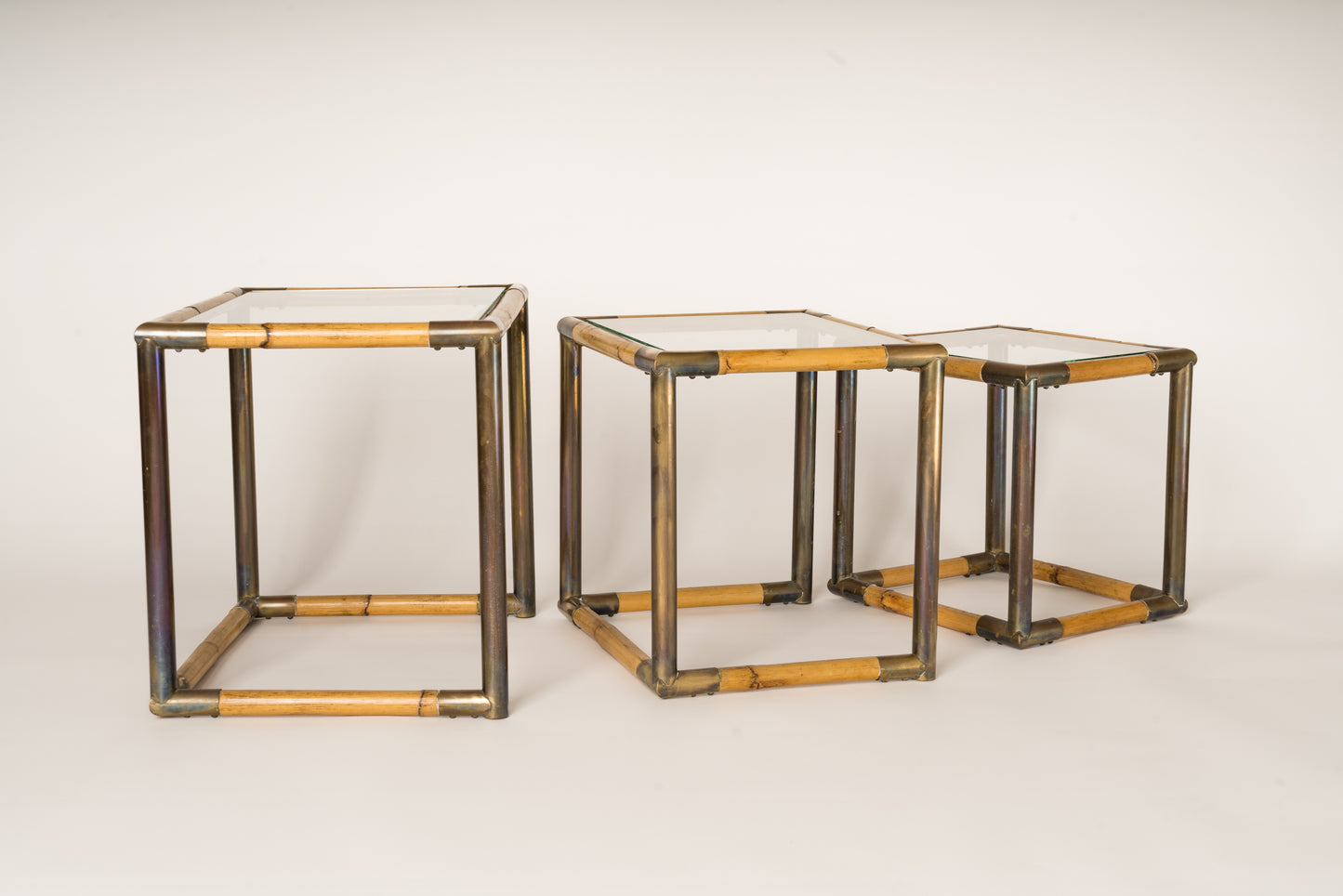 Set of Three Bamboo & Brass Nesting Tables, Italy, 1970's